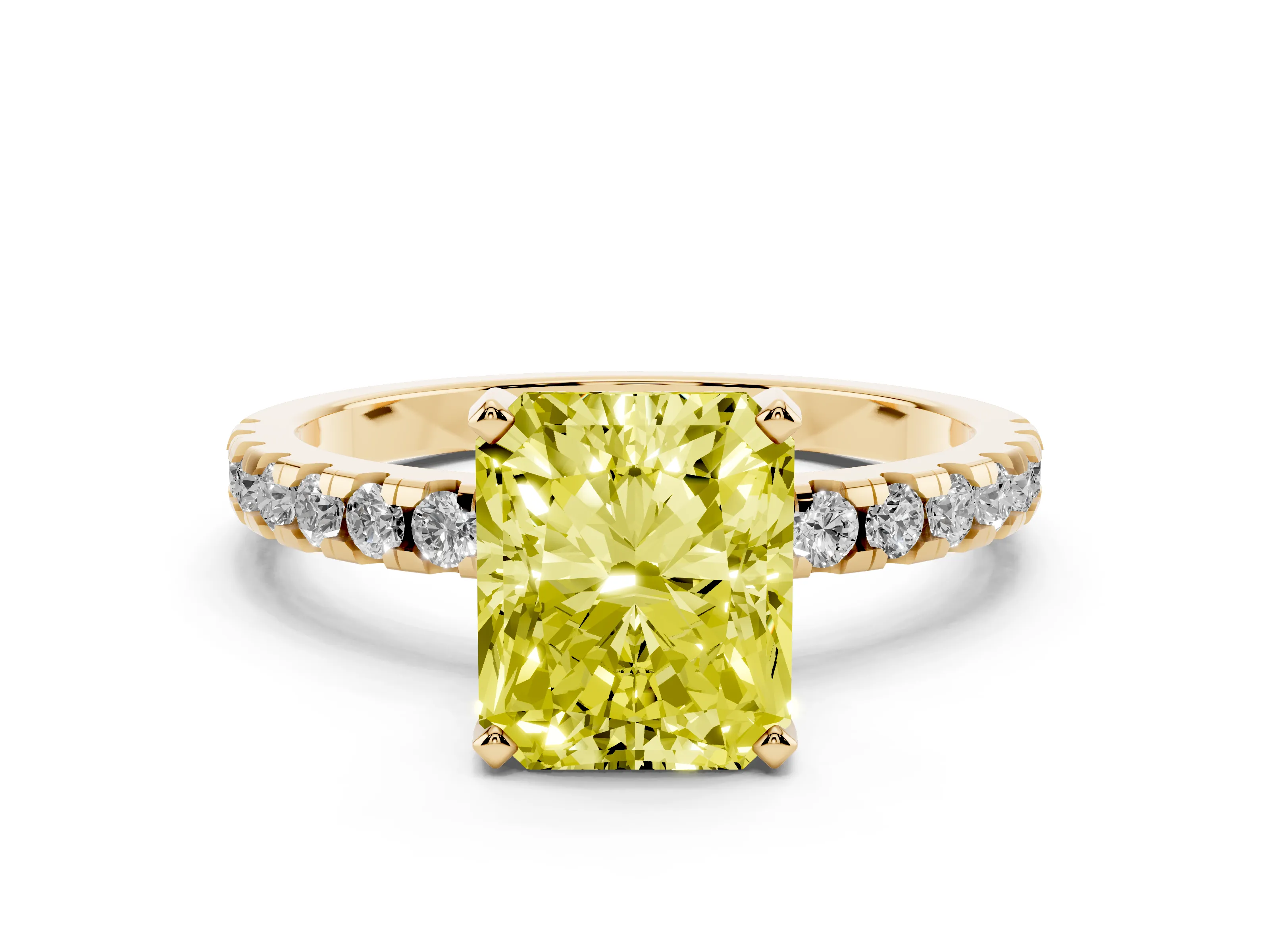 Fancy Yellow Radiant Cut Diamond Pavé Solitaire Ring Set in Yellow gold with Round Band Accents and Prong Setting