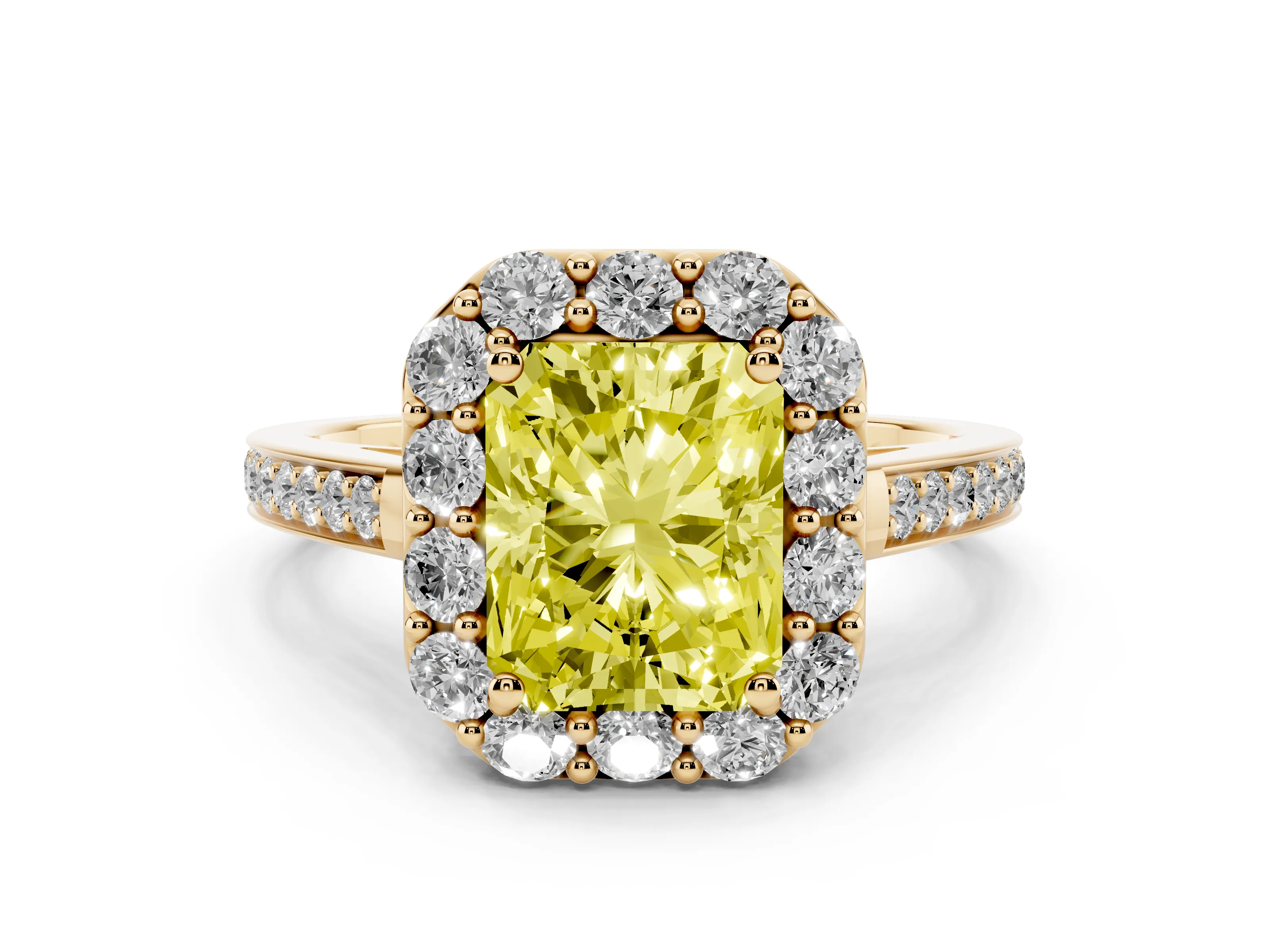 Fancy Yellow Radiant Cut Diamond Floral Halo Ring Set in Yellow gold with Pavé Band and Prong Setting