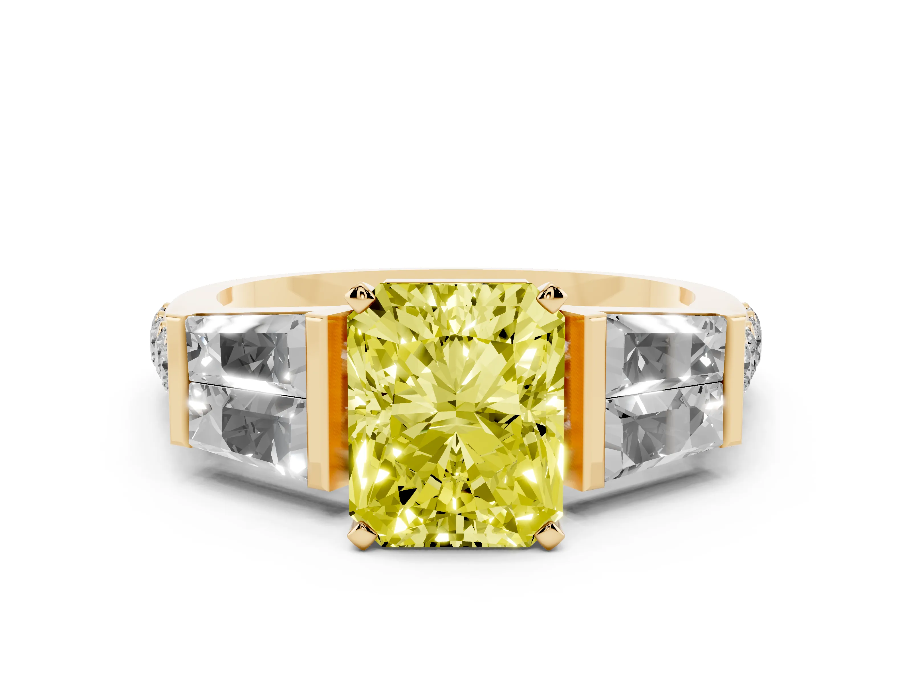 Fancy Yellow Radiant Cut Diamond Engagement Ring Set in Yellow gold with Baguette Side Stones and Channel Set Band