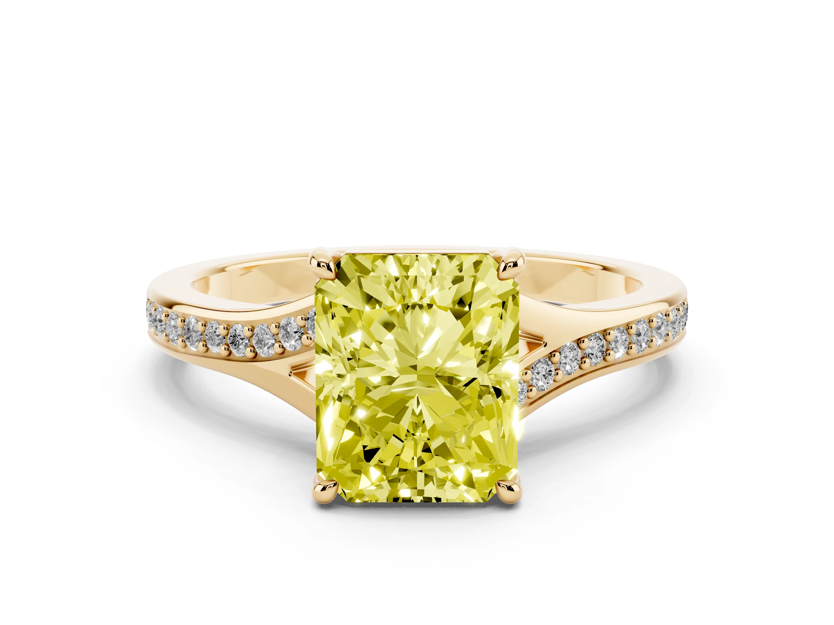 Fancy Yellow Radiant Cut Diamond Solitaire Ring Set in Yellow gold with Pavé Accent Band and Classic Prong Setting