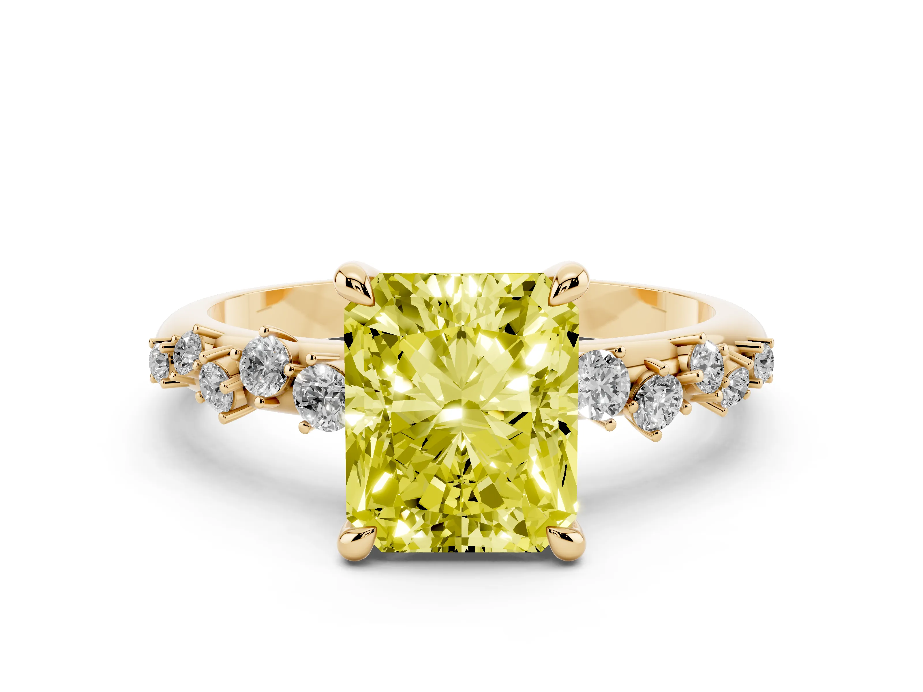 Fancy Yellow Radiant Cut Diamond Solitaire Vine Band Ring Set in Yellow gold with Round Accents and Prong Setting