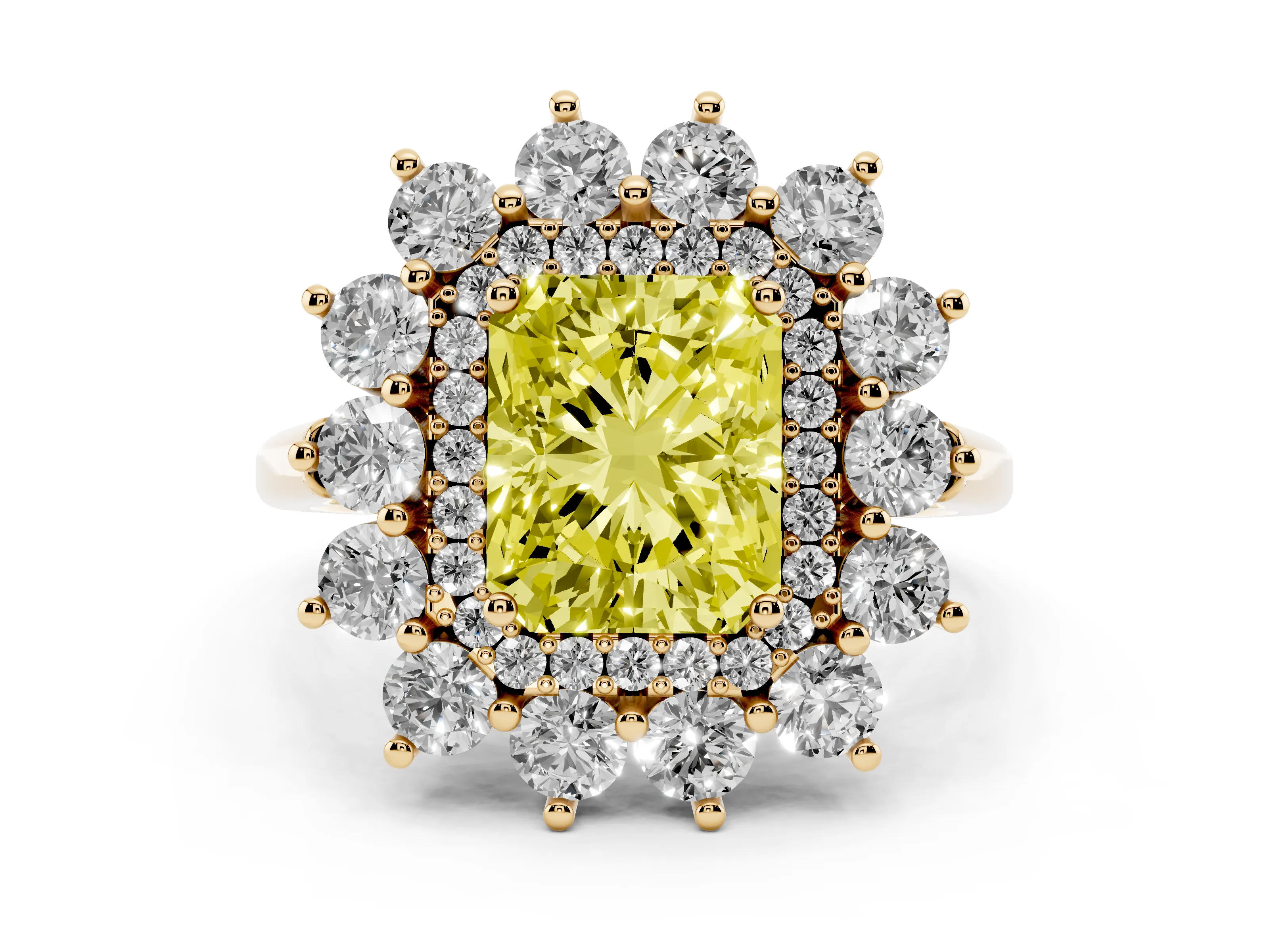 Fancy Yellow Radiant Cut Diamond Floral Double Halo Ring Set in Yellow gold with Round Petals