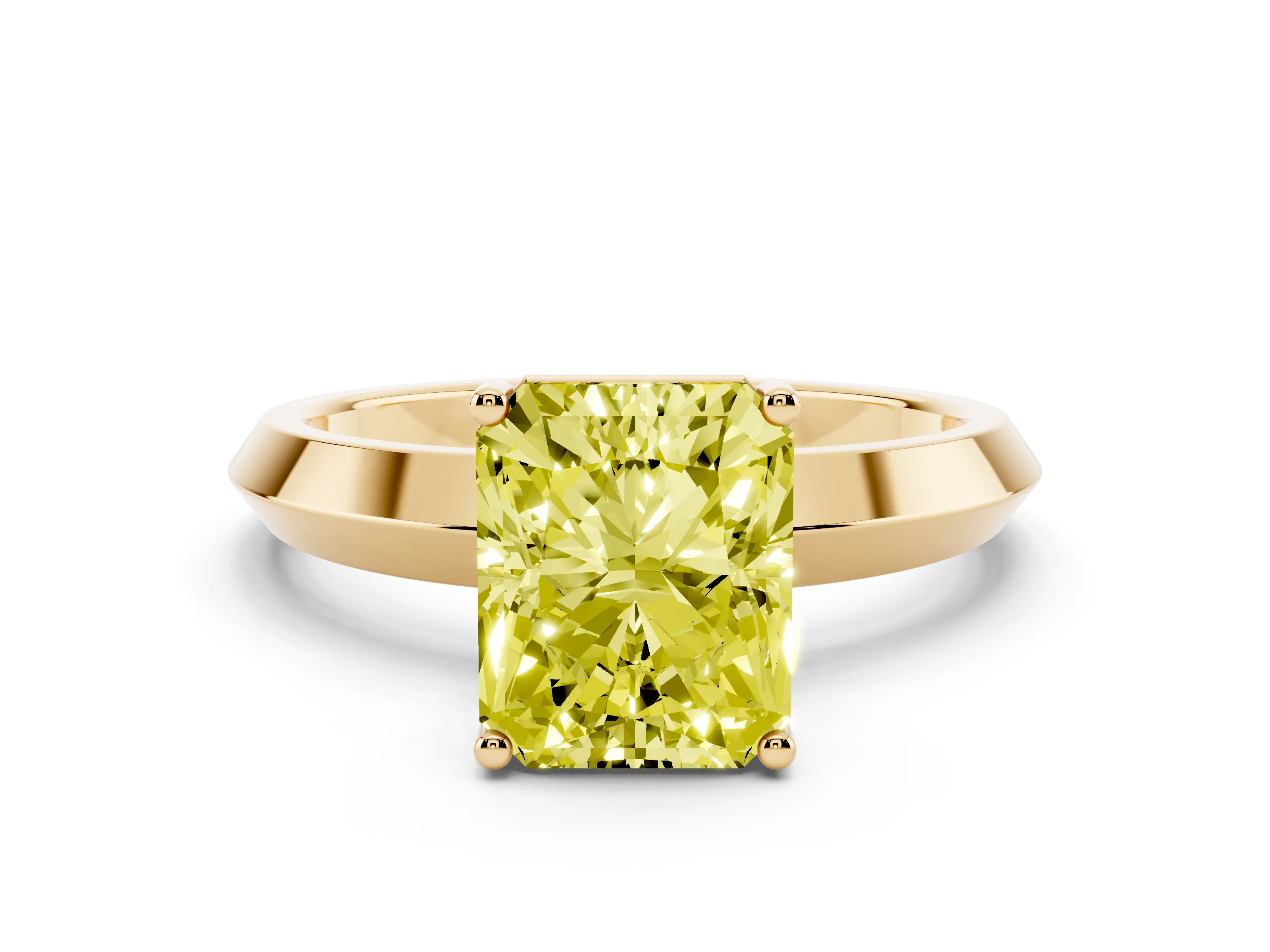 Fancy Yellow Radiant Cut Diamond Solitaire Engagement Ring Set in Yellow gold with Flat Band and Prong Setting