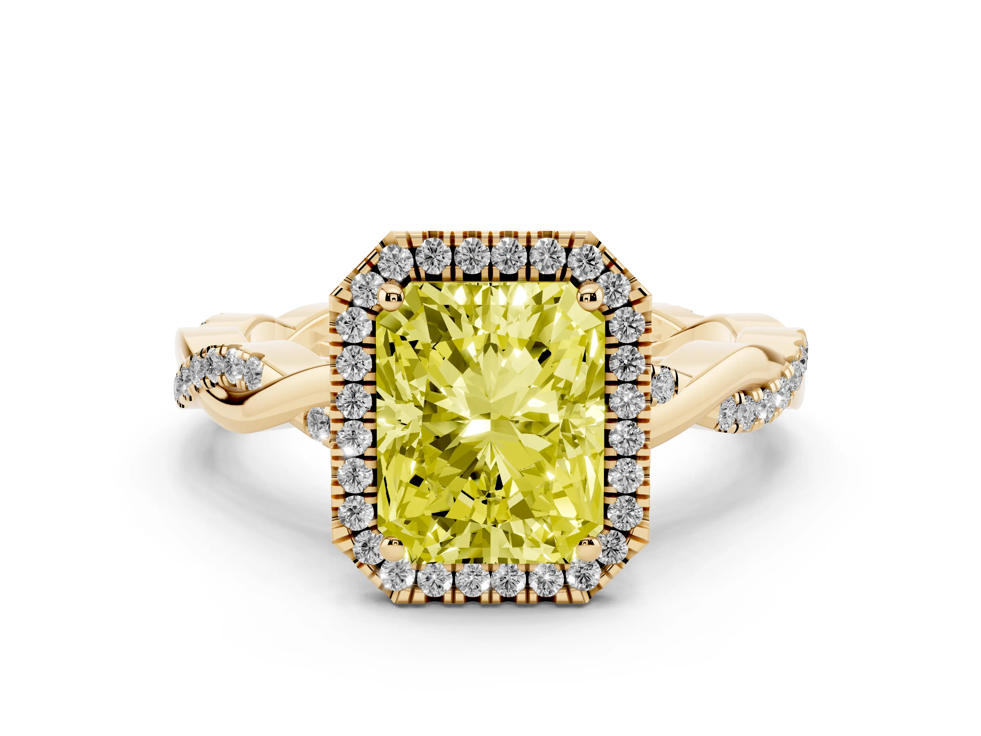 Fancy Yellow Radiant Cut Diamond Halo Twisted Band Ring Set in Yellow gold with Prong Setting
