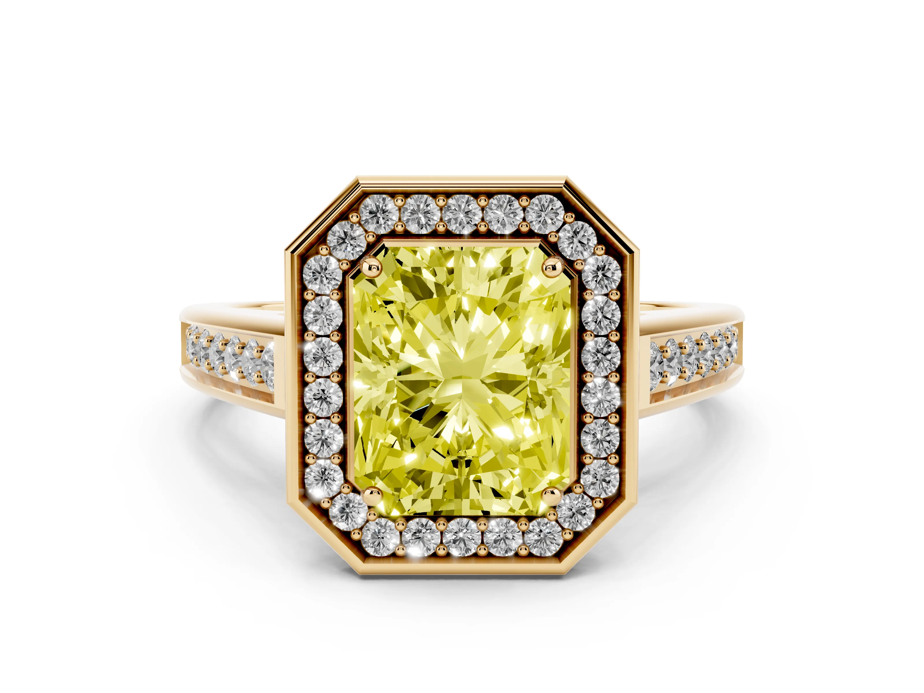 Fancy Yellow Radiant Cut Diamond Halo Solitaire Ring Set in Yellow gold with Pavé Band and Bezel Setting