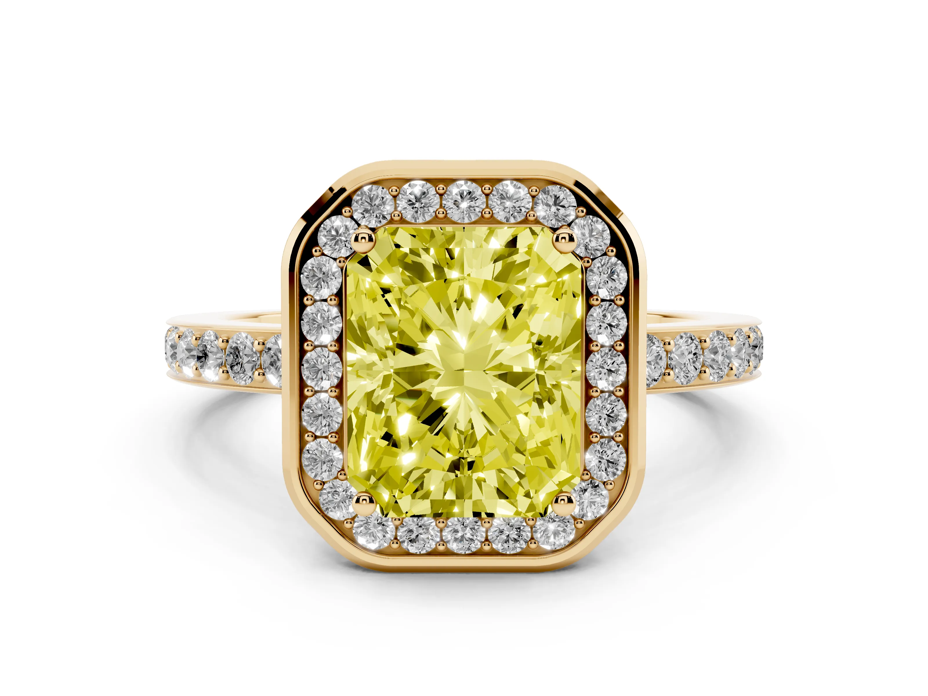 Fancy Yellow Radiant Cut Diamond Halo Ring Set in Yellow gold with Bezel Frame and Pavé Band