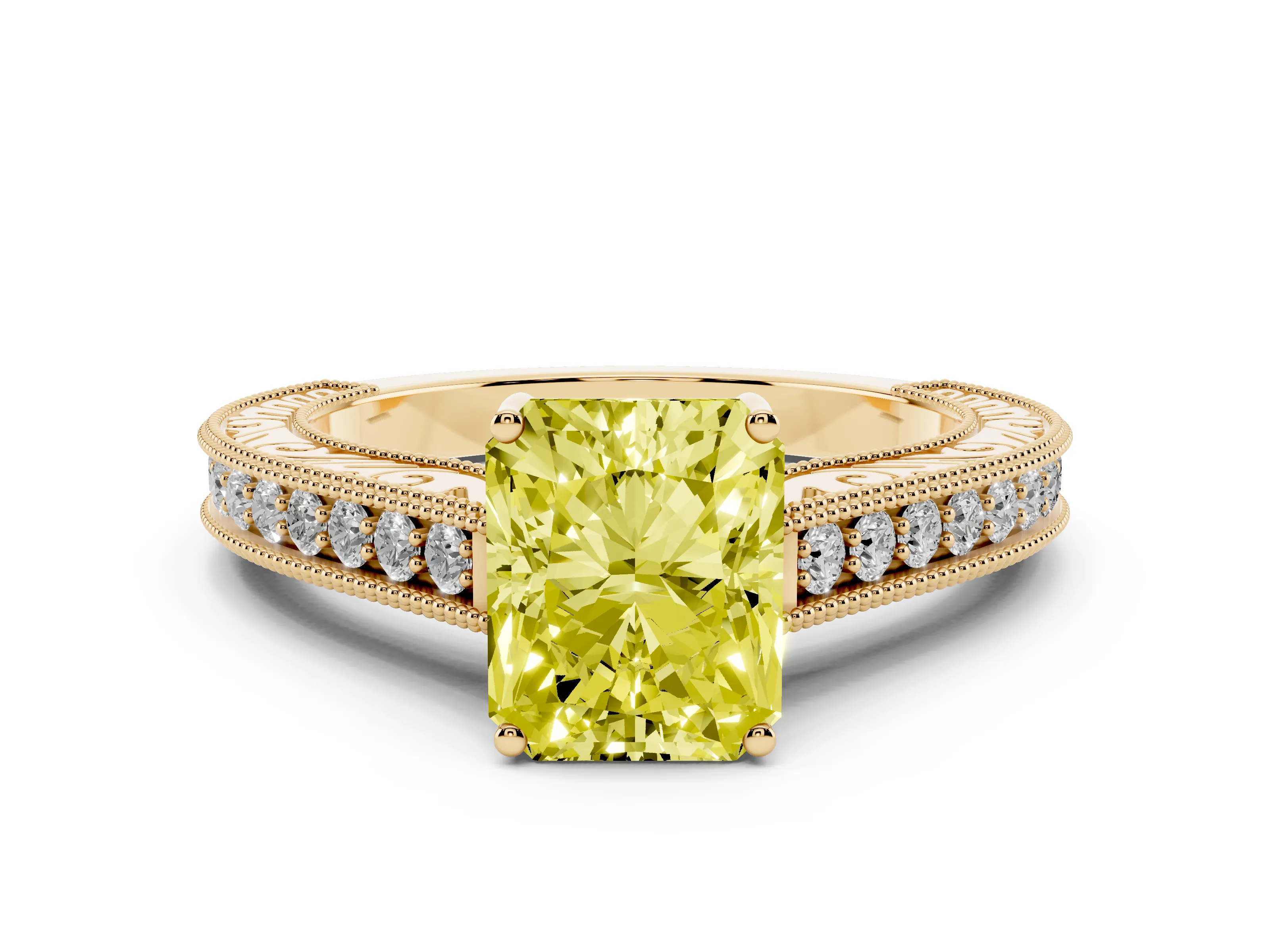 Fancy Yellow Radiant Cut Diamond Milgrain Pavé Band Solitaire Ring Set in Yellow gold with Prong Setting