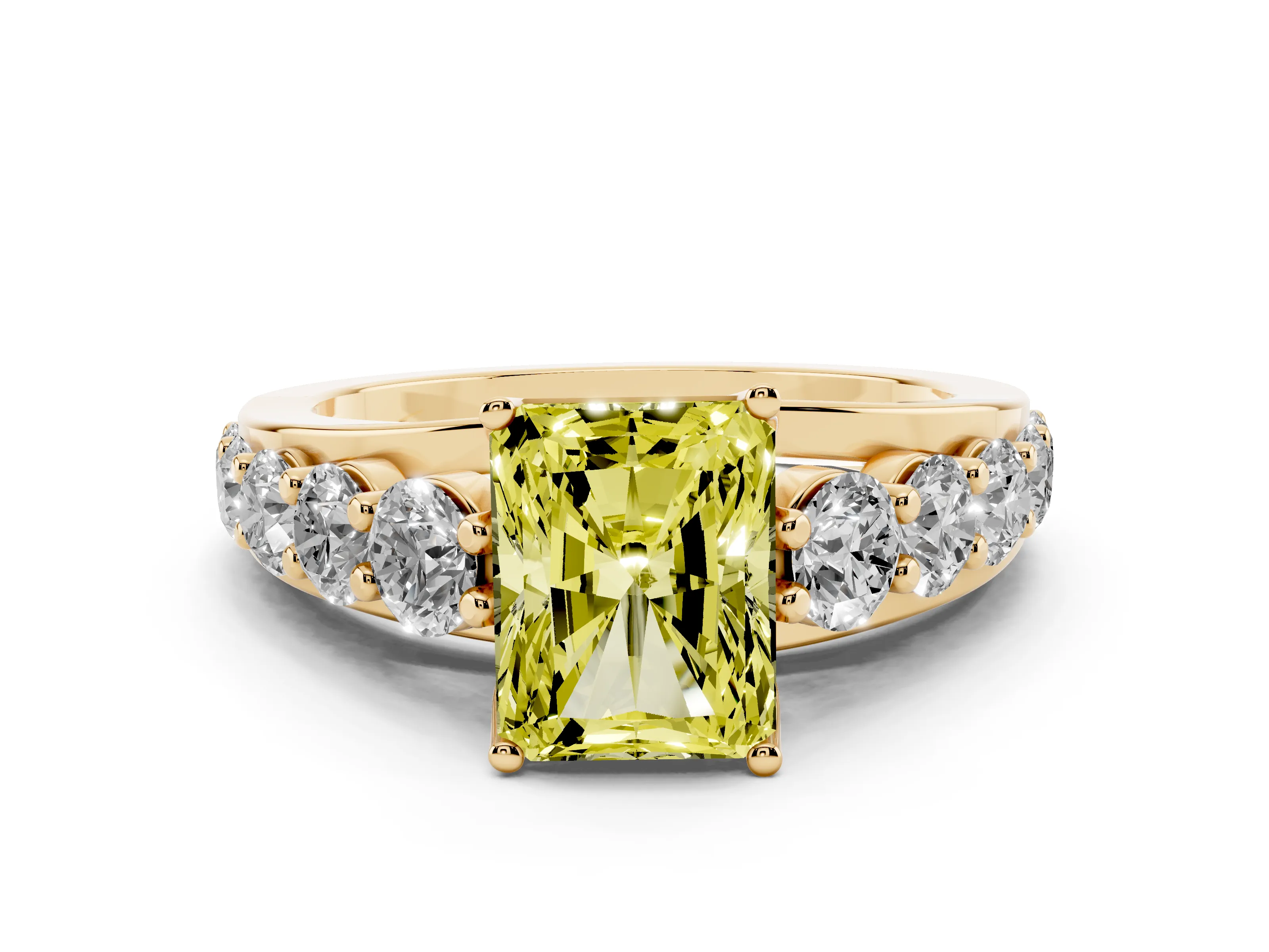 Fancy Yellow Radiant Cut Diamond Pavé Engagement Ring Set in Yellow gold with Prong Setting