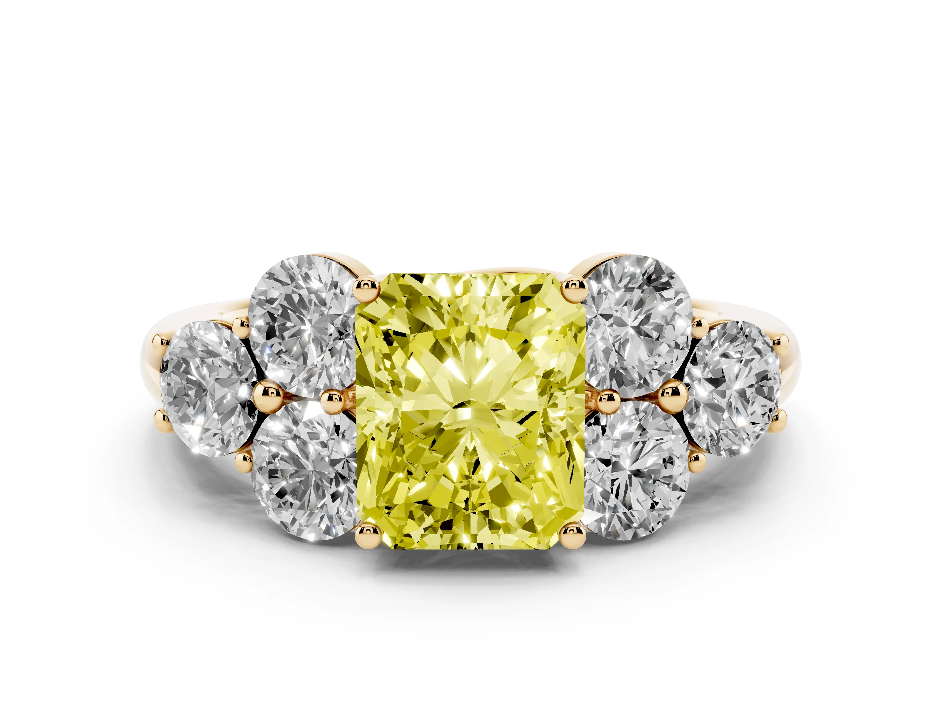 Fancy Yellow Radiant Cut Diamond Cluster Ring Set in Yellow gold with Round Accent Stones and Prong Setting on a Plain Band