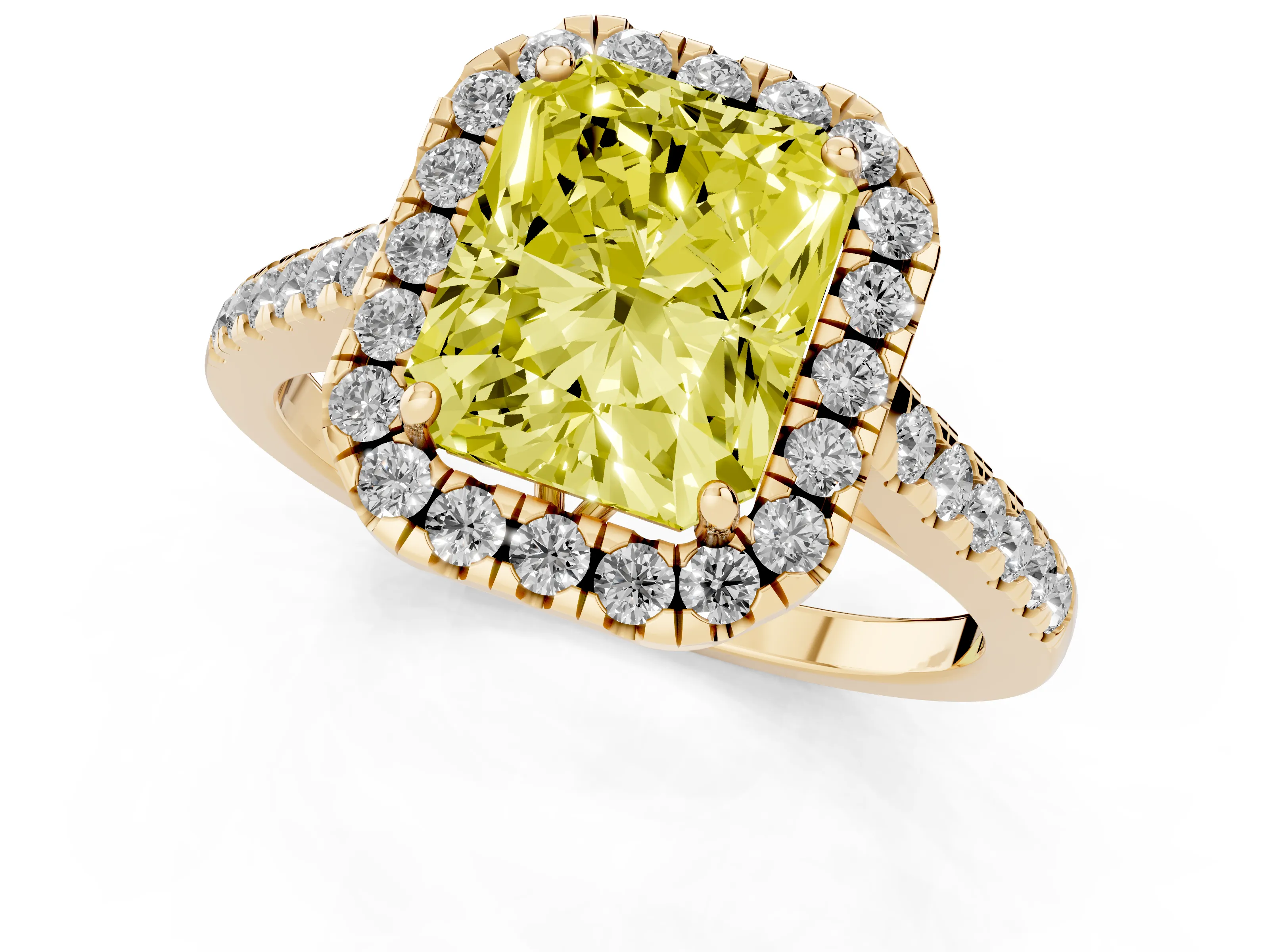 Fancy Yellow Radiant Cut Diamond Pavé Halo Engagement Ring Set in Yellow gold with Pavé Band and Prong Setting