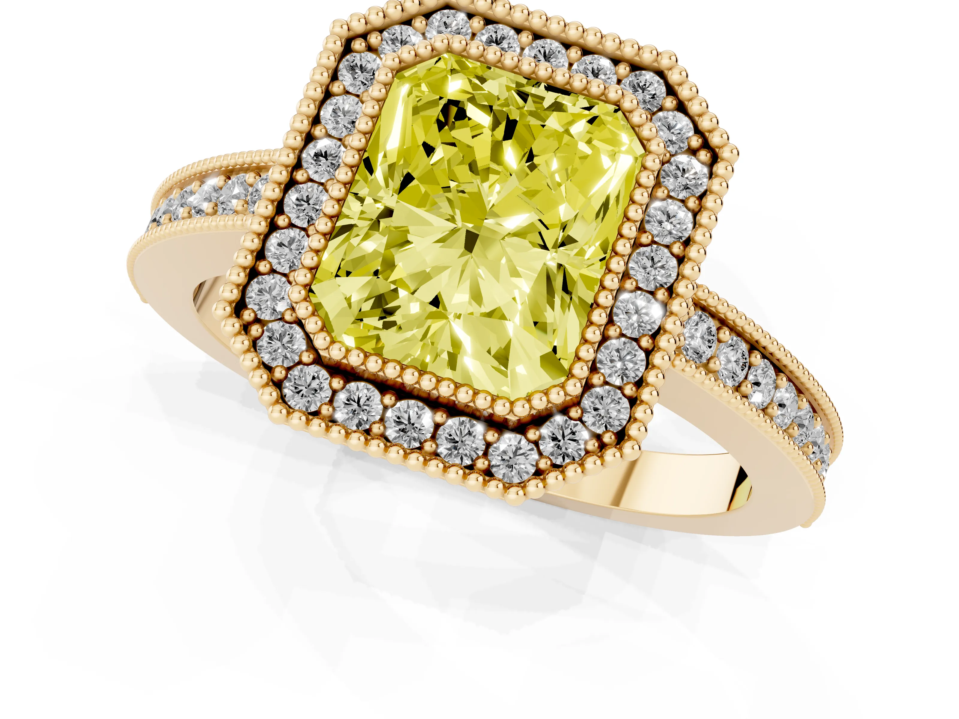 Fancy Yellow Radiant Cut Diamond Round Halo Ring Set in Yellow gold with Pavé Band