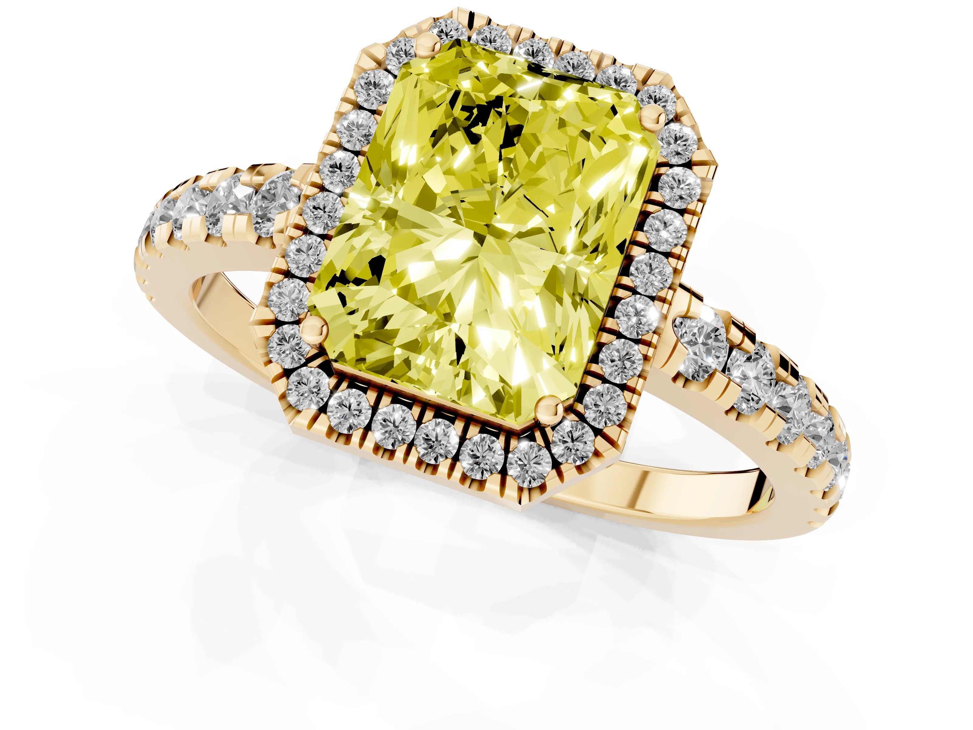 Fancy Yellow Radiant Cut Diamond Halo Ring Set in Yellow gold with Delicate Pavé Band and Prong Setting