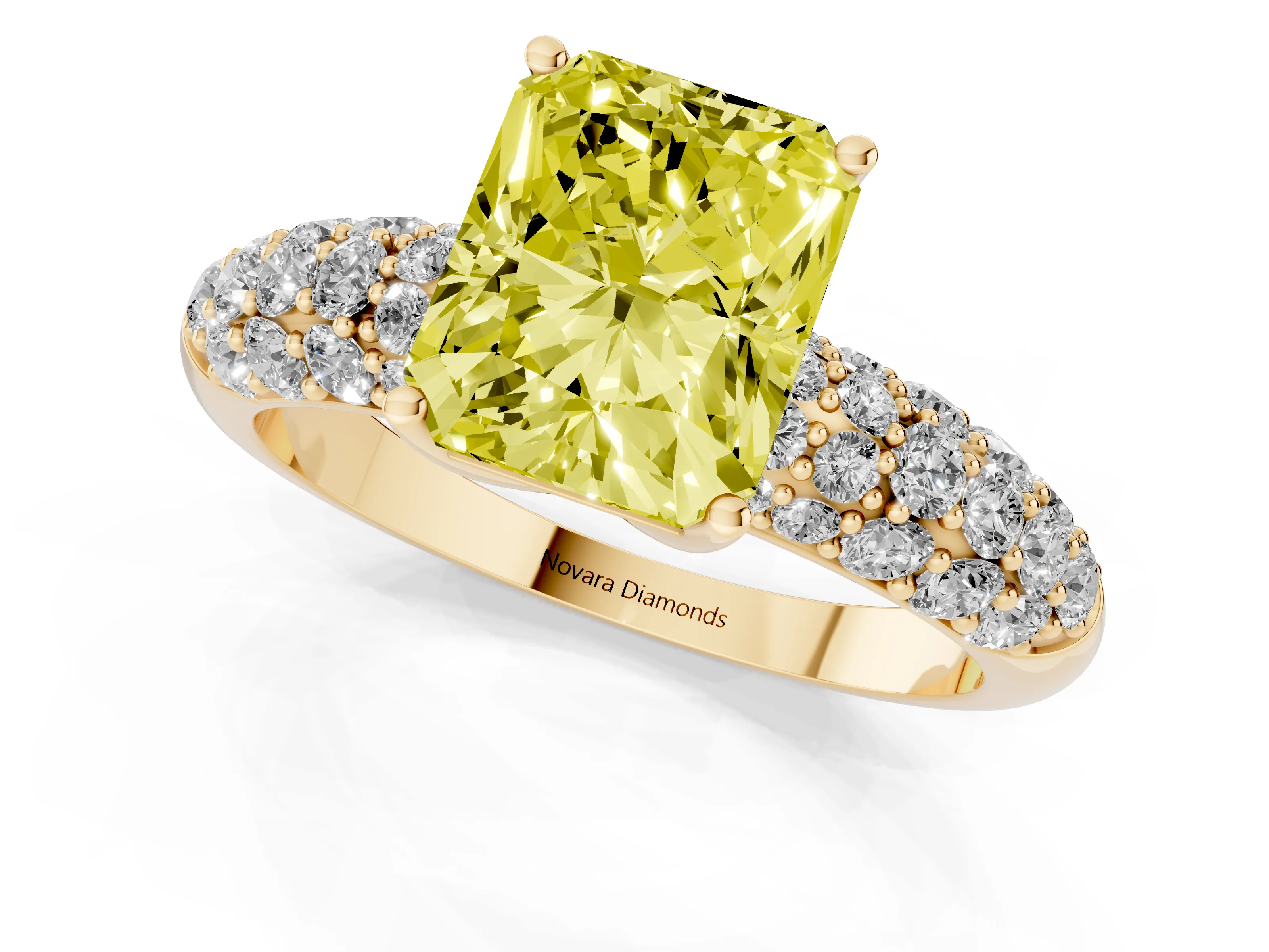 Fancy Yellow Radiant Cut Diamond Pavé Band Solitaire Ring Set in Yellow gold with Close-Set Accent Stones and Prong Setting