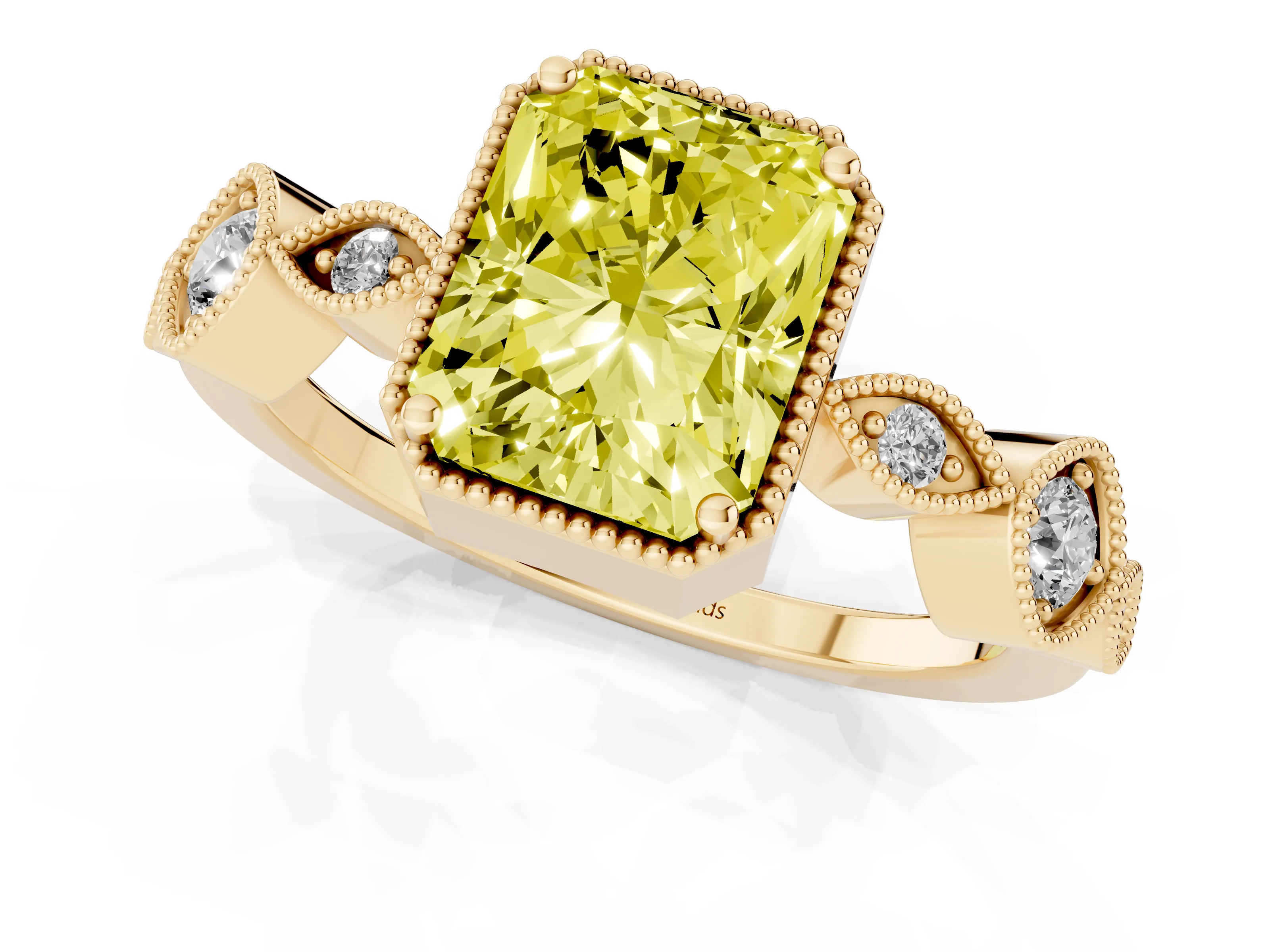 Fancy Yellow Radiant Cut Diamond Vintage-Inspired Milgrain Ring Set in Yellow gold with Marquise Stations of Round Accents