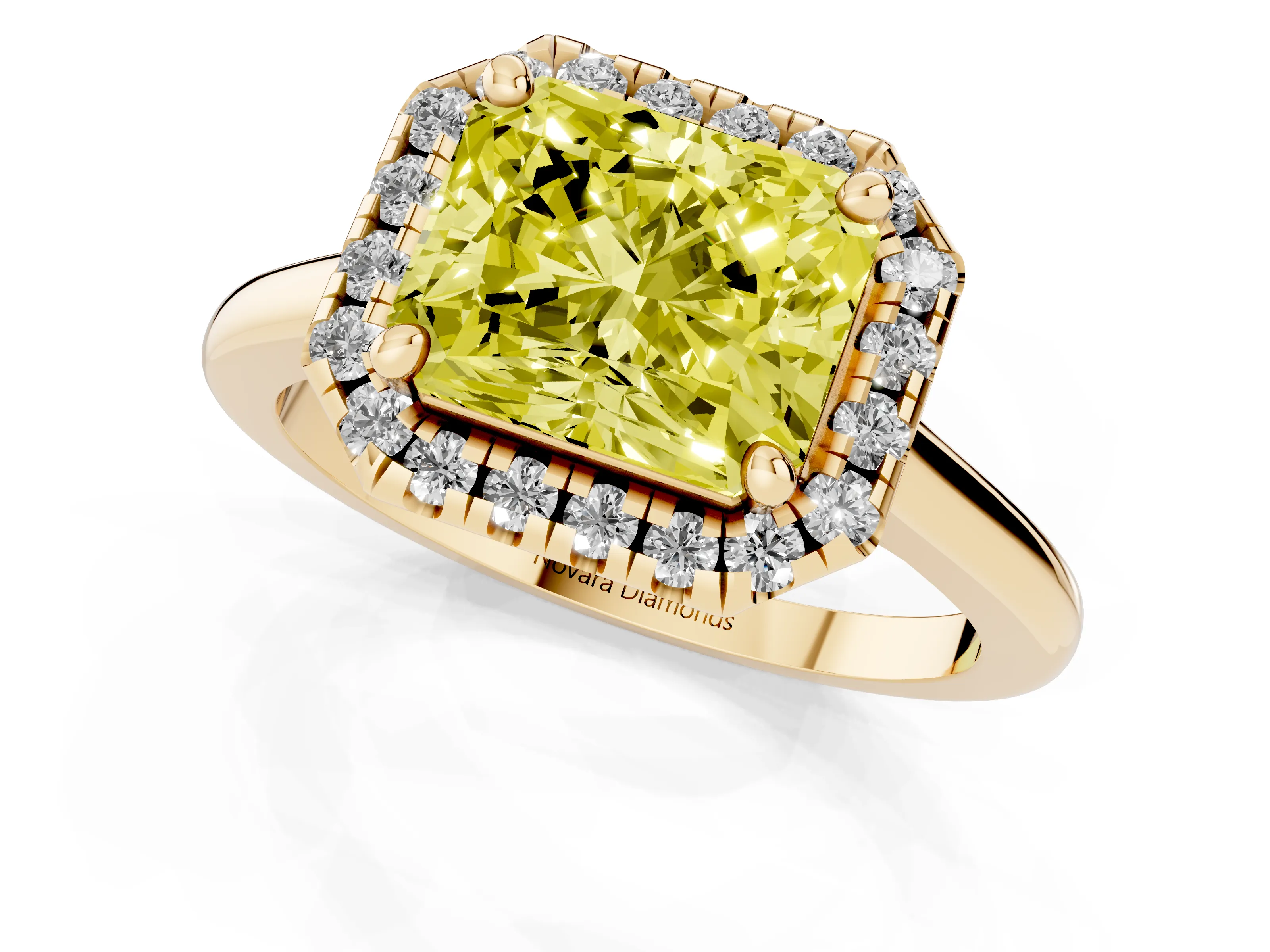 Fancy Yellow Radiant Cut Diamond Halo Engagement Ring Set in Yellow gold with Pavé Band and Rising Shoulders