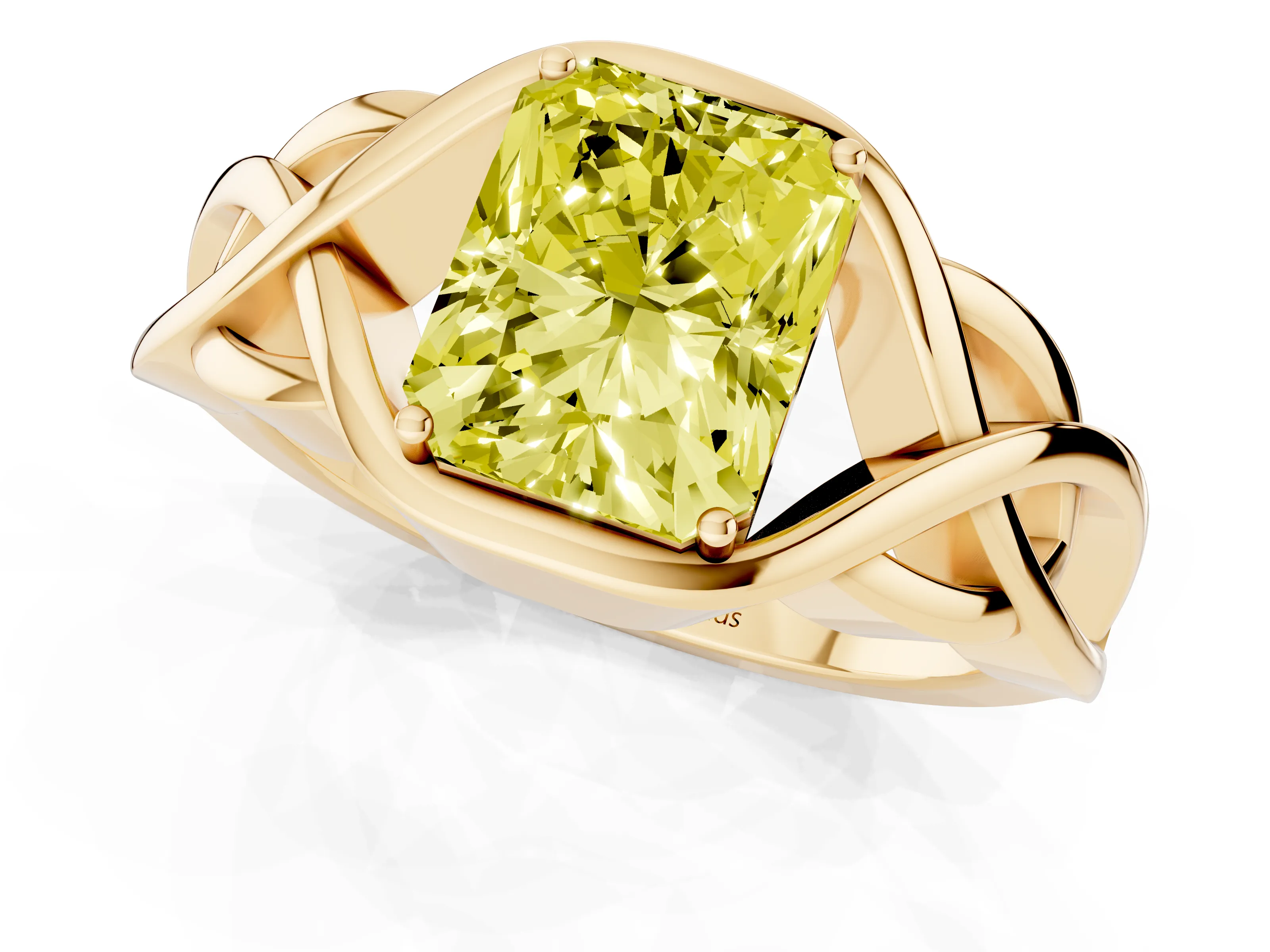 Fancy Yellow Radiant Cut Diamond Solitaire Ring Set in Yellow gold with Intertwined Band