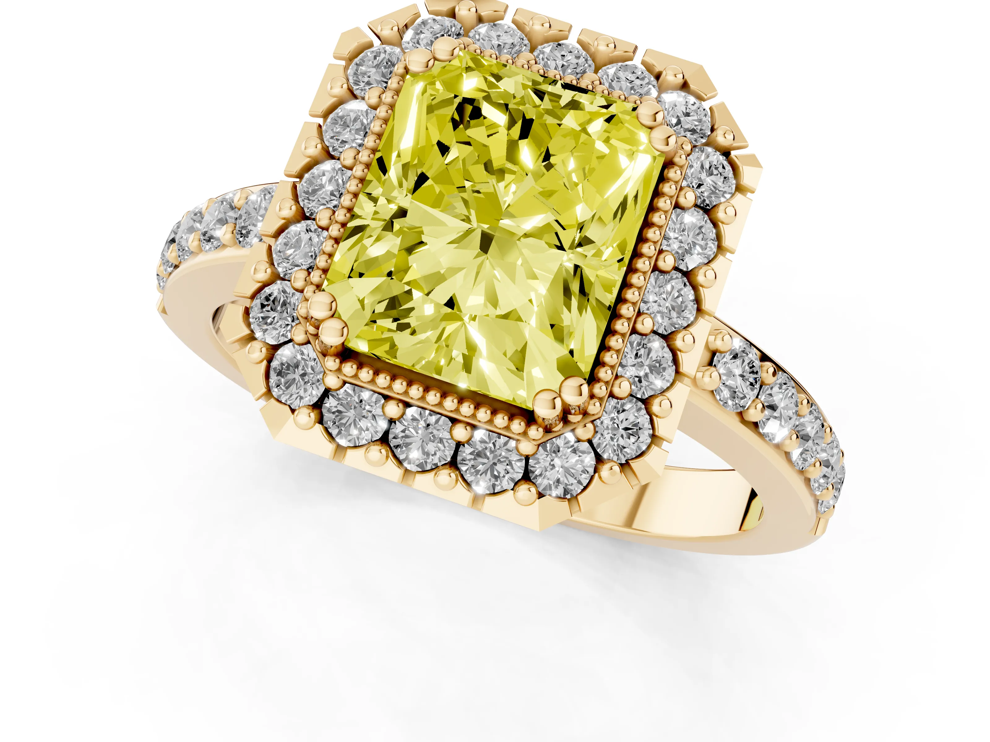 Fancy Yellow Radiant Cut Diamond Halo Ring Set in Yellow gold with Pavé Shank and Prong Setting