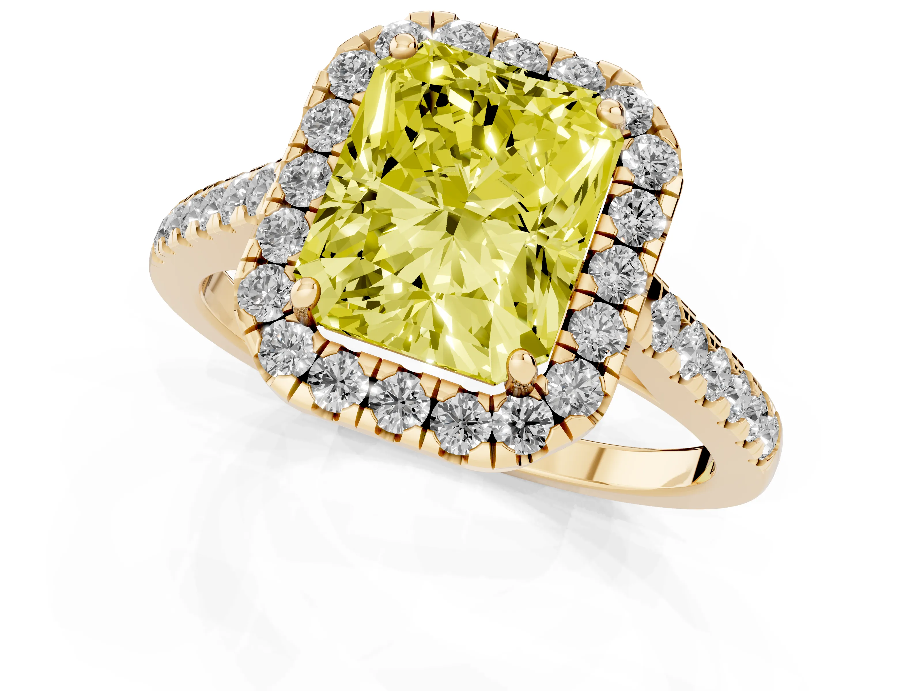Fancy Yellow Radiant Cut Diamond Halo Pavé Engagement Ring Set in Yellow gold with Prong Setting