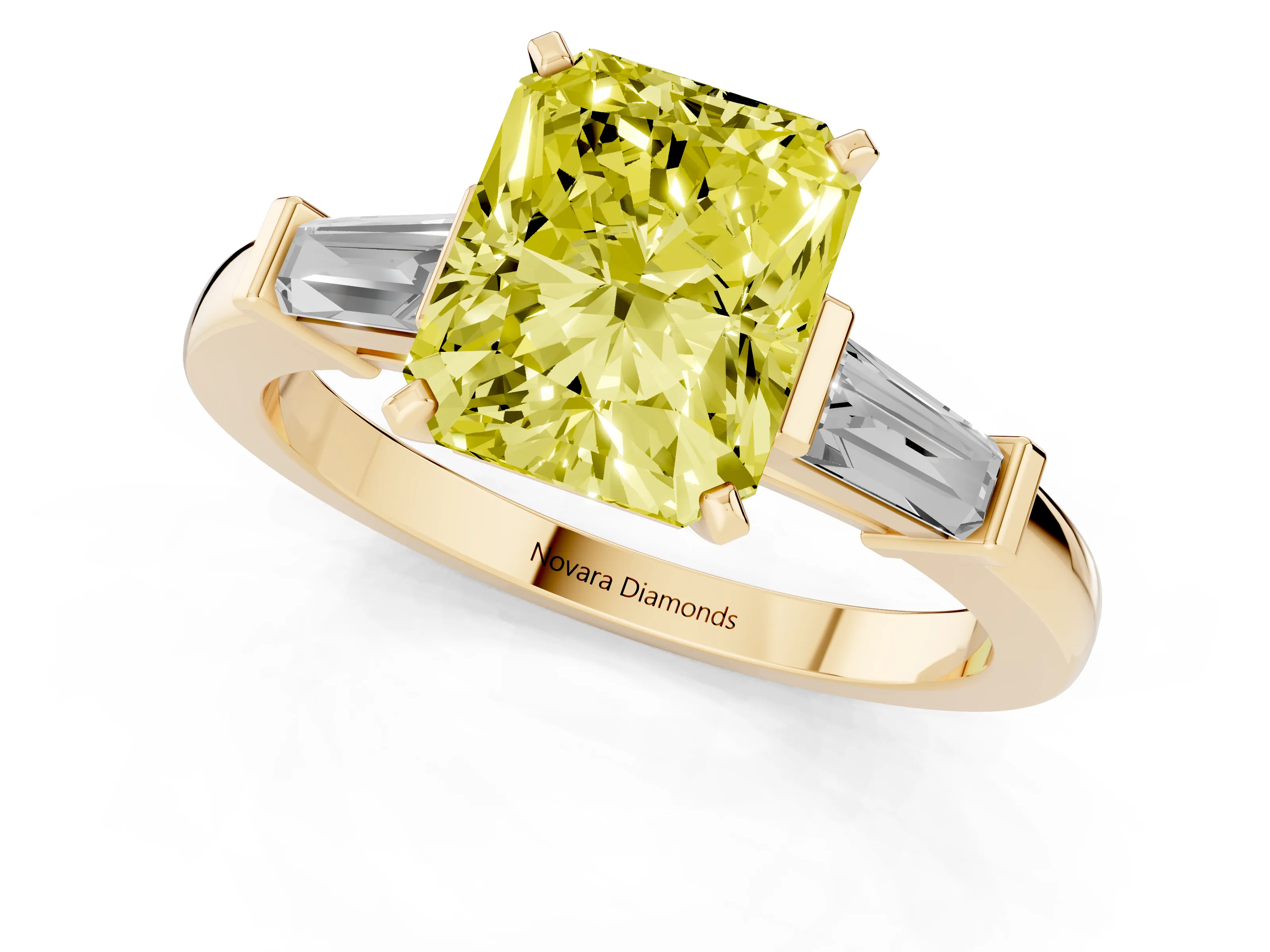 Fancy Yellow Radiant Cut Diamond Solitaire Ring Set in Yellow gold with Tapered Baguette Accents and Prong Setting