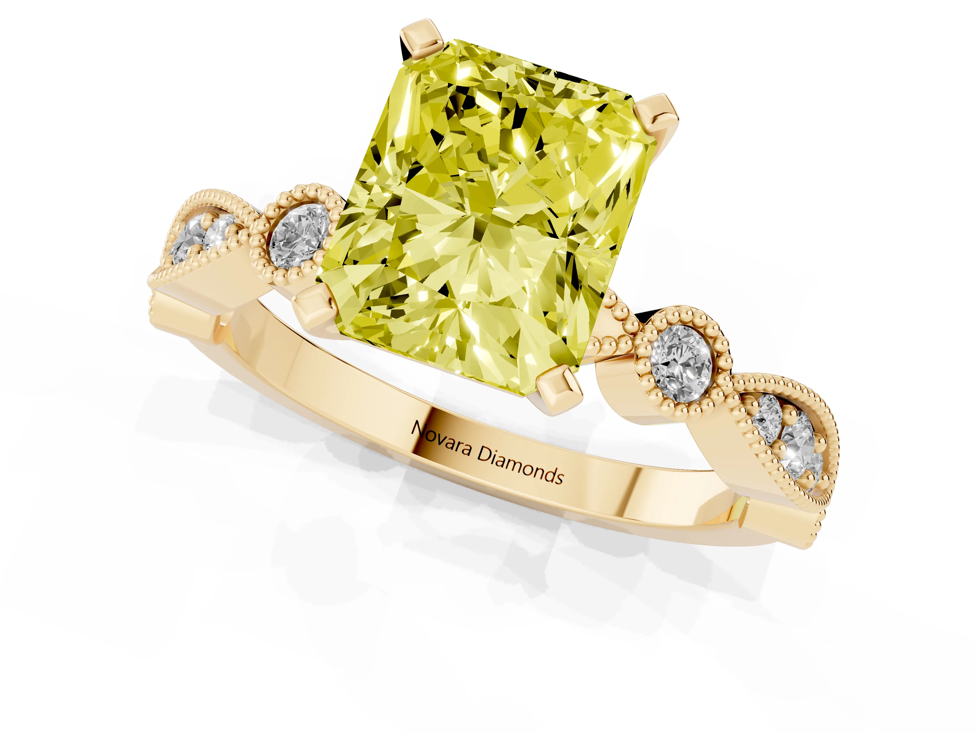 Fancy Yellow Radiant Cut Diamond Solitaire Engagement Ring Set in Yellow gold with Milgrain Bezel Accent Band