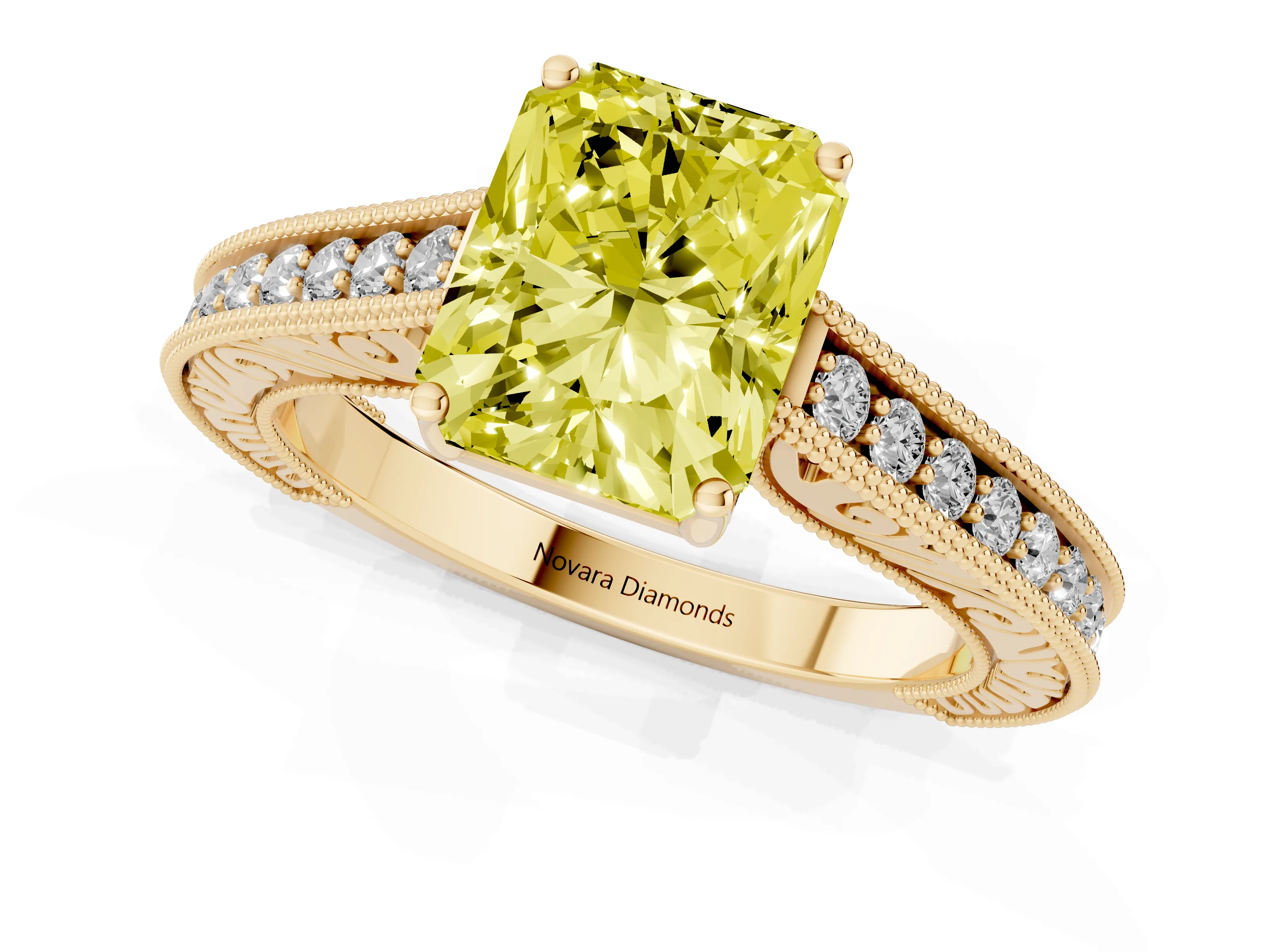Fancy Yellow Radiant Cut Diamond Milgrain Pavé Band Solitaire Ring Set in Yellow gold with Prong Setting