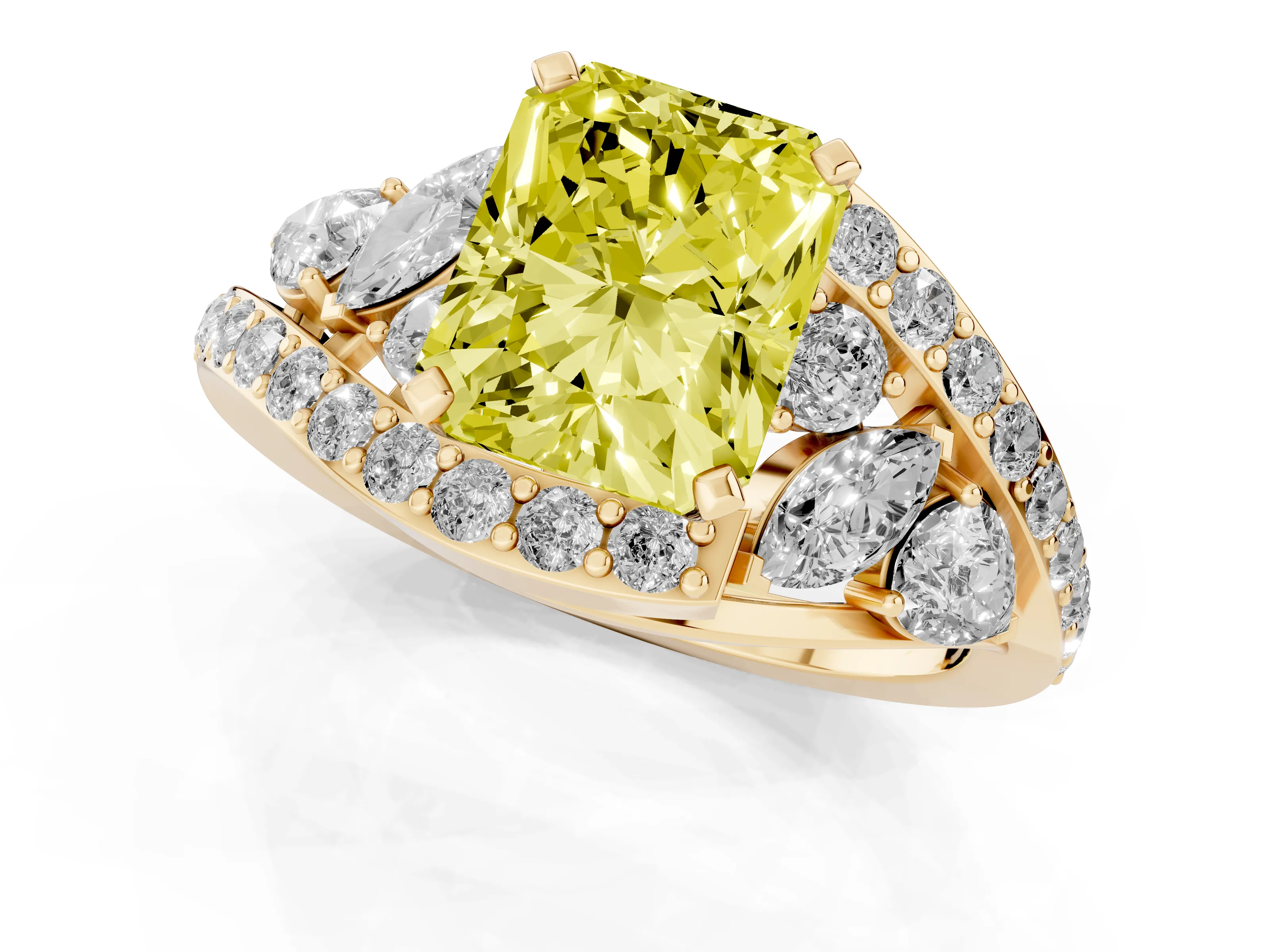 Fancy Yellow Radiant Cut Diamond Halo Ring Set in Yellow gold with Marquise and Pavé Band in Prong Setting