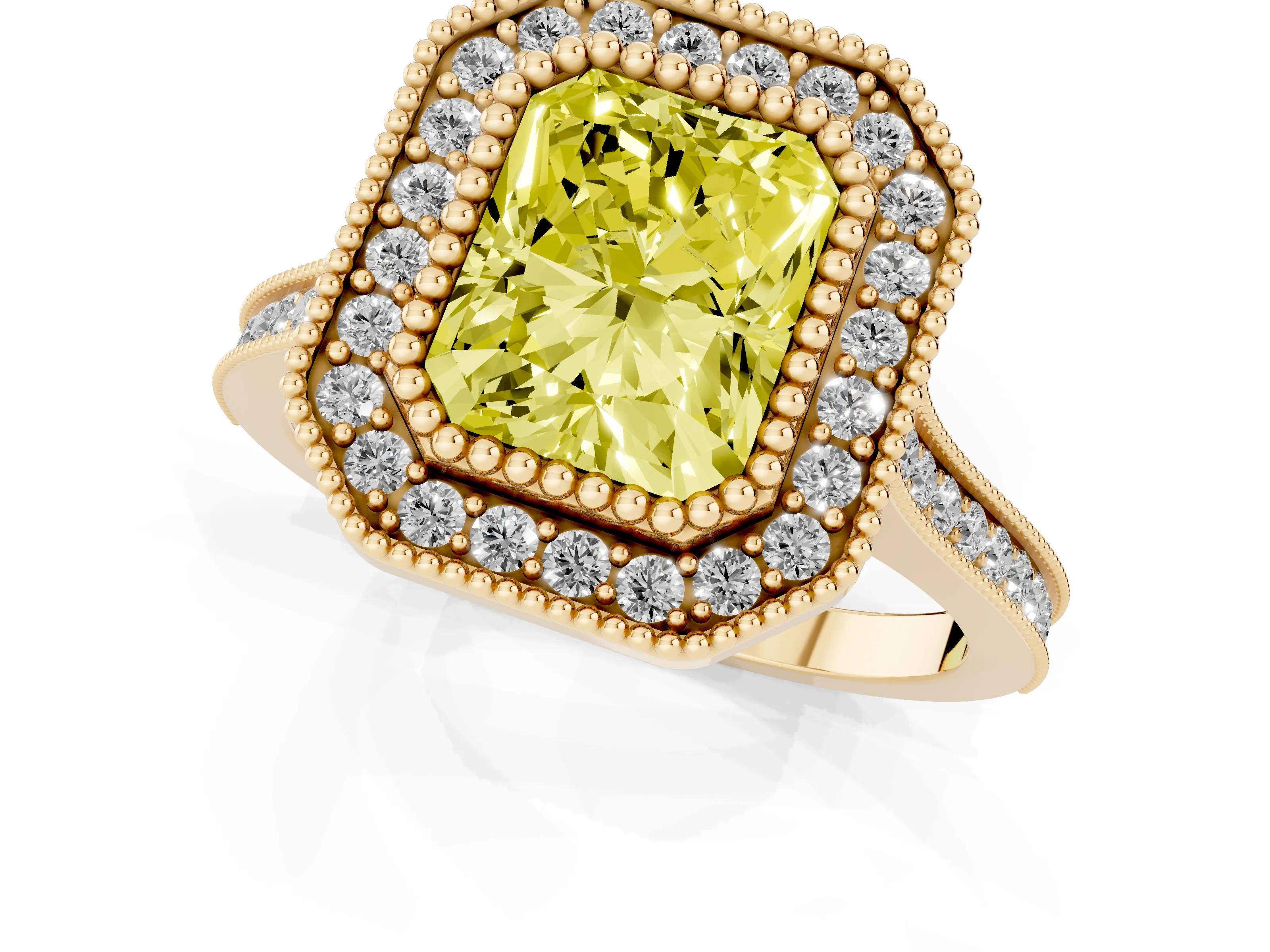 Fancy Yellow Radiant Cut Diamond Halo Ring Set in Yellow gold with Milgrain Frame and Pavé Band