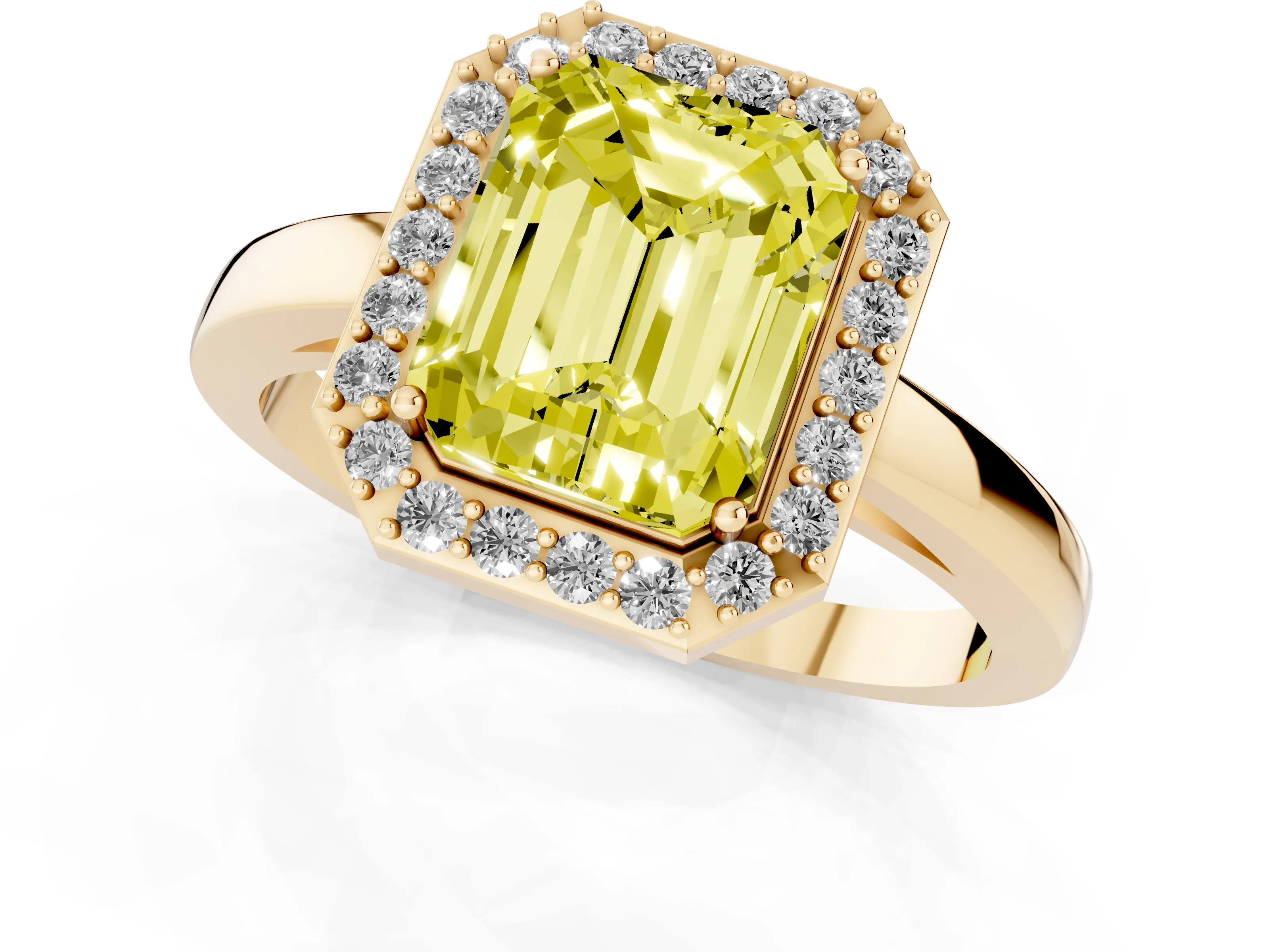 Fancy Yellow Radiant Cut Diamond Halo Ring Set in Yellow gold with Solitaire Band and Prong Setting