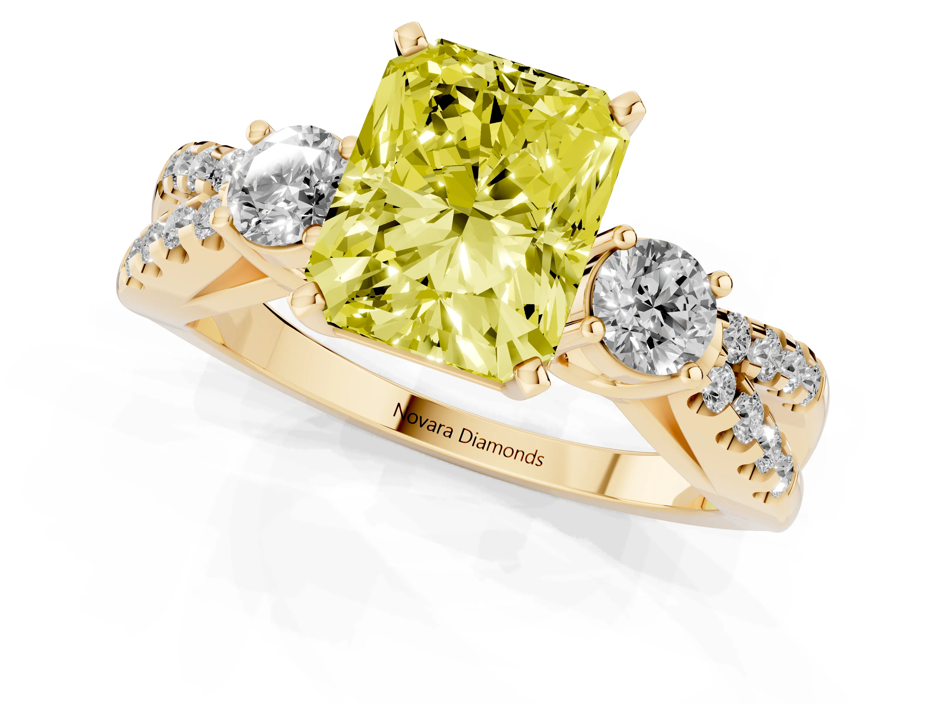 Fancy Yellow Radiant Cut Diamond Three-Stone Ring Set in Yellow gold with Pavé Split Shank and Prong Setting