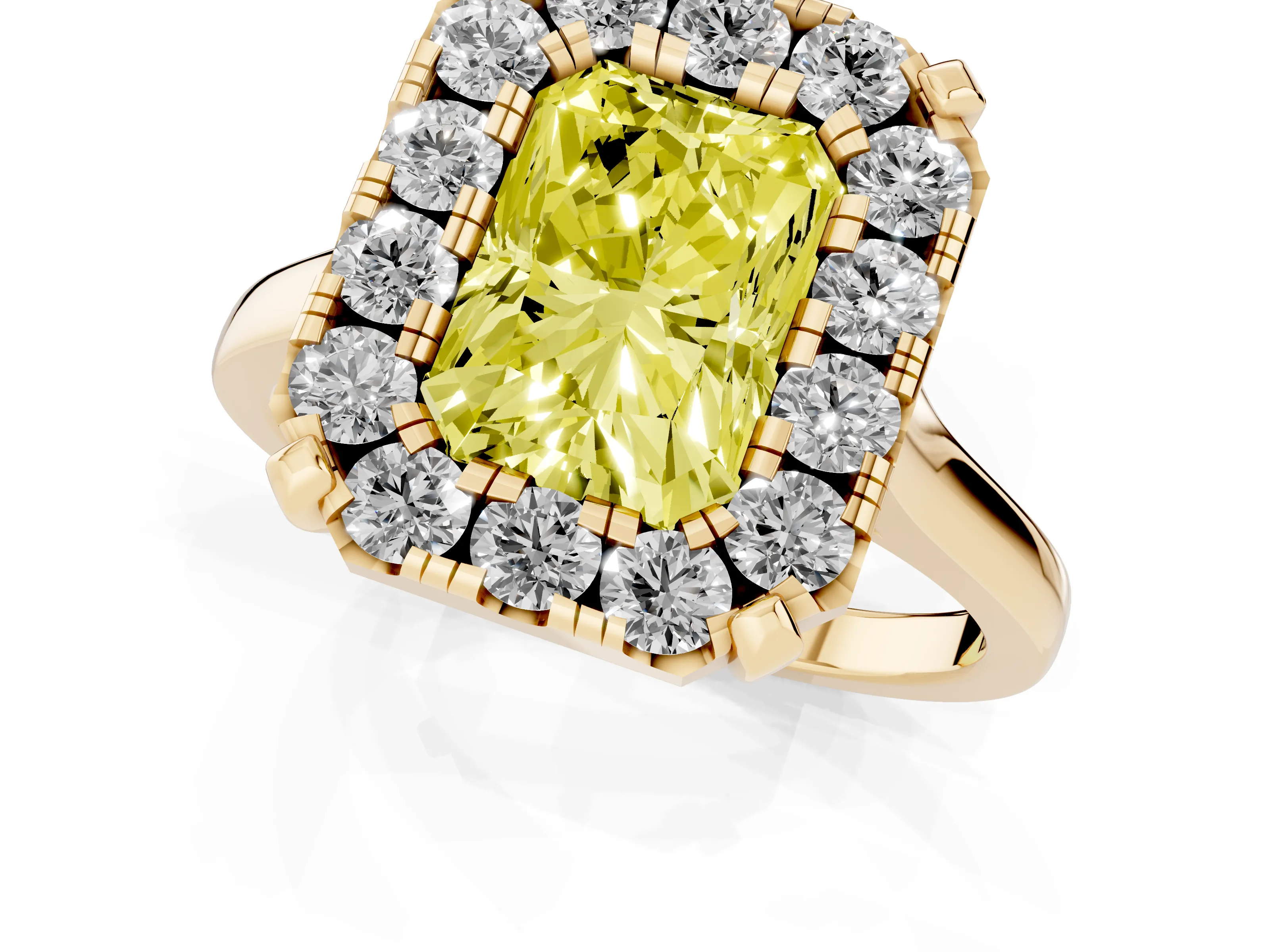 Fancy Yellow Radiant Cut Diamond Cluster Halo Solitaire Ring Set in Yellow gold with Prong Setting