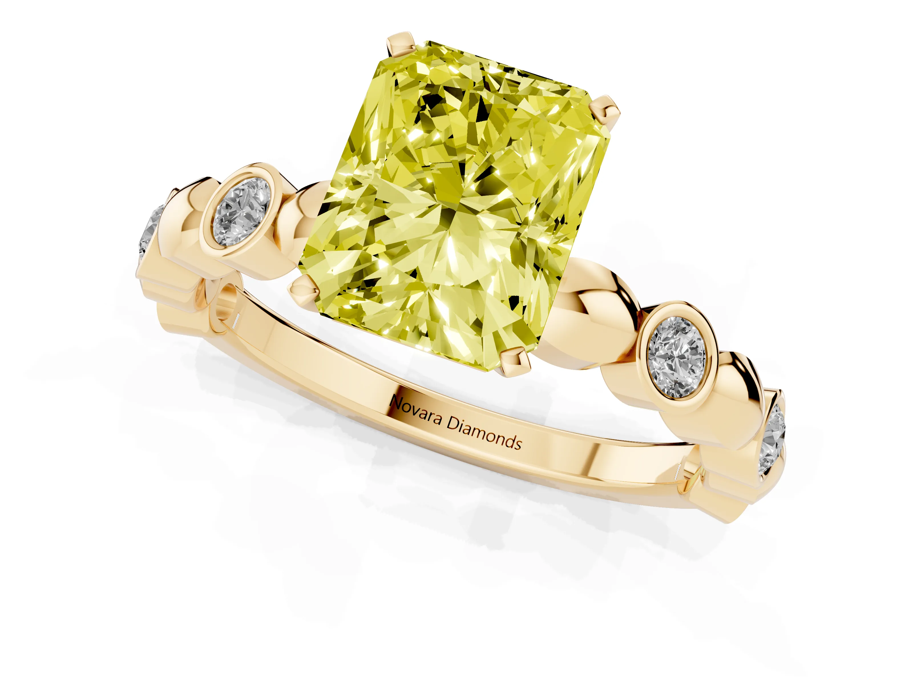 Fancy Yellow Radiant Cut Diamond Solitaire Ring Set in Yellow gold with Bezel-Set Accents on Beaded Band and Prong Setting