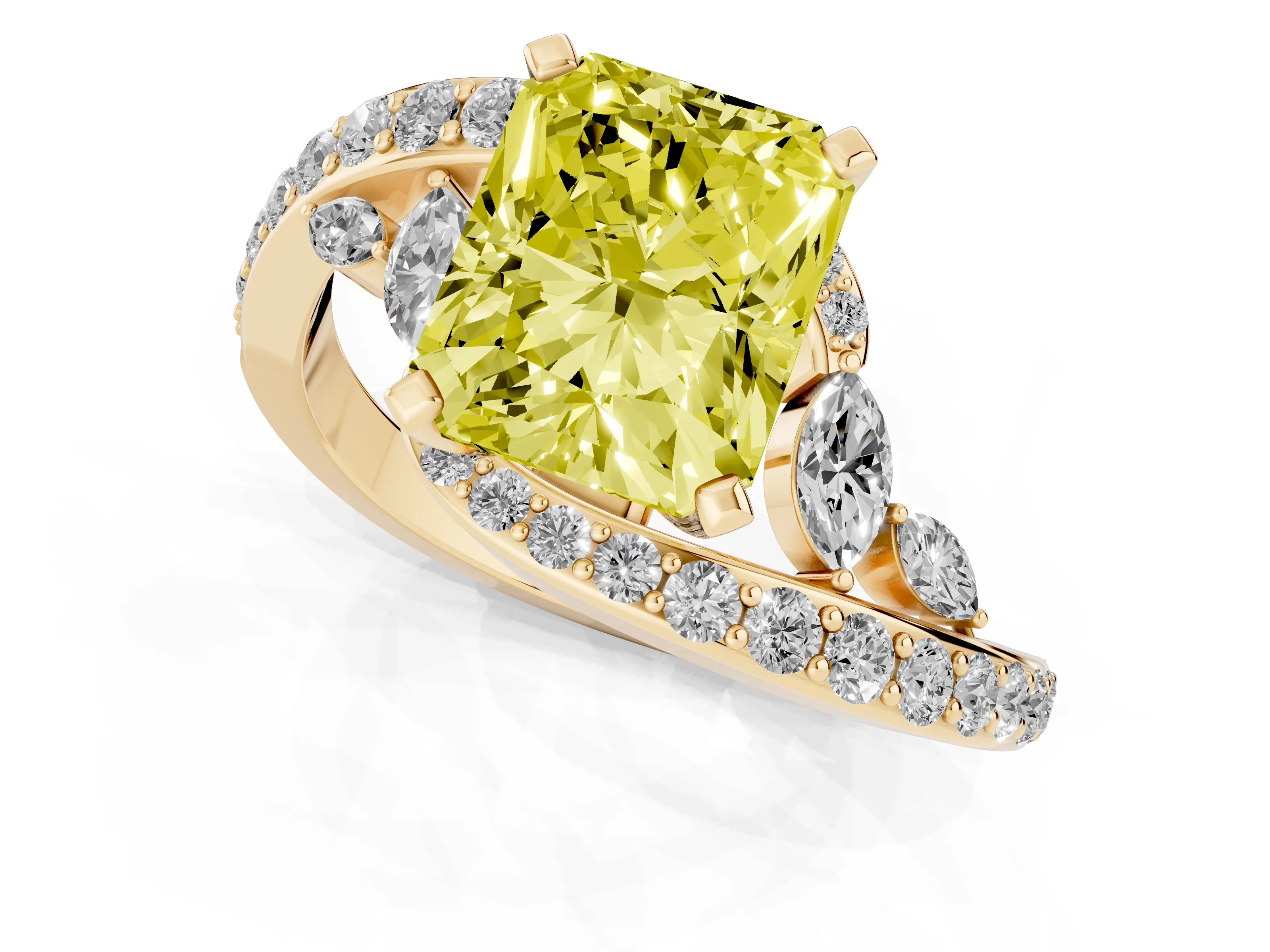 Fancy Yellow Radiant Cut Diamond Solitaire Ring Set in Yellow gold with Pavé Twist Band and Secure Prong Setting