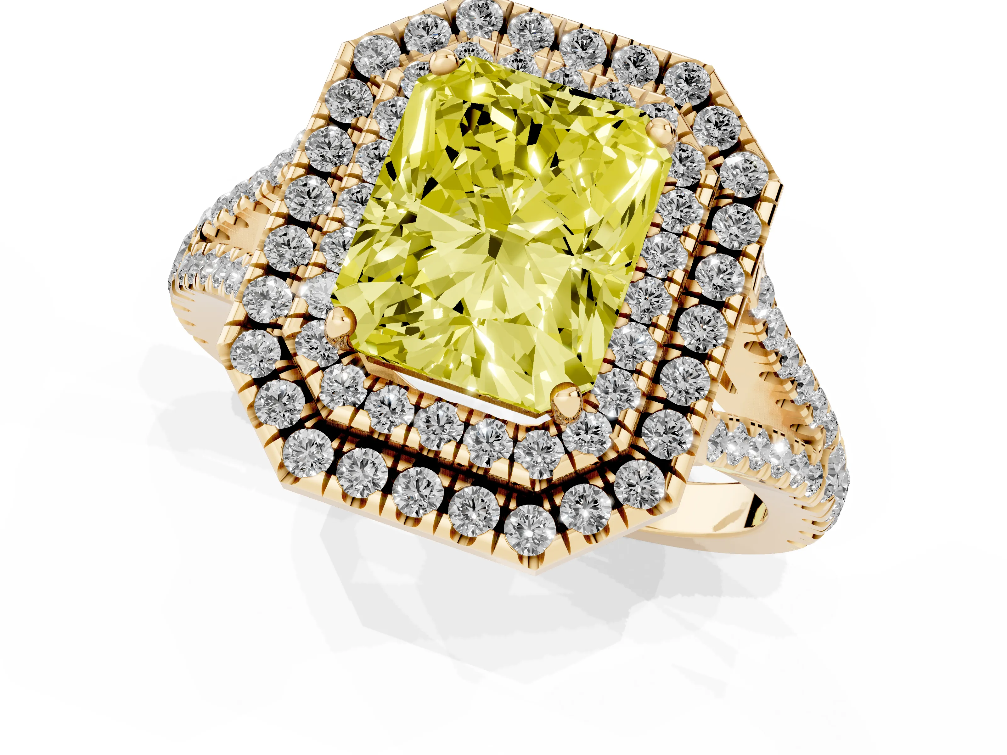 Fancy Yellow Radiant Cut Diamond Double Halo Ring Set in Yellow gold with Pavé Band