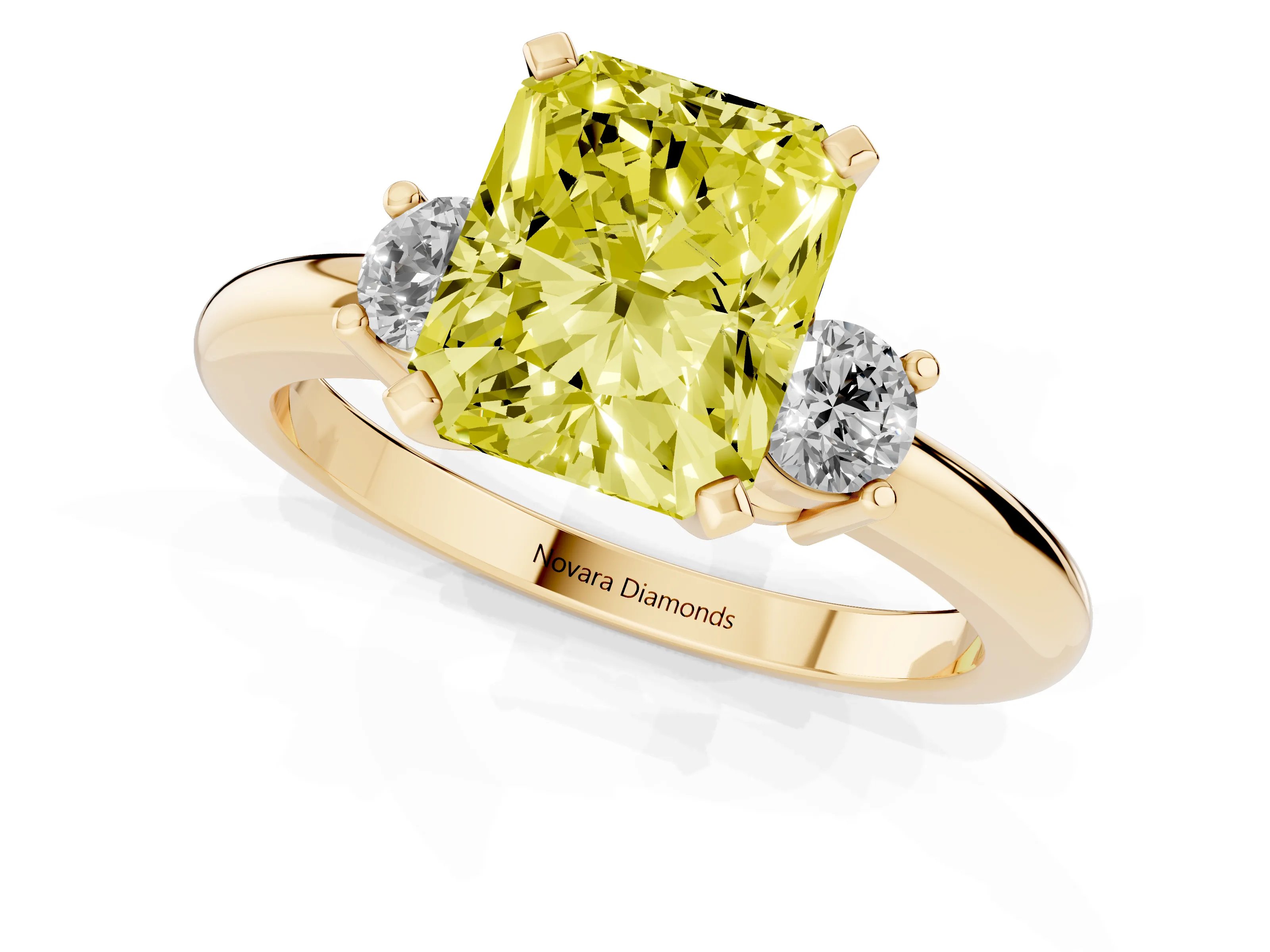 Fancy Yellow Three-Stone Radiant Cut Diamond Ring Set in Yellow gold with Prong Setting and Plain Band