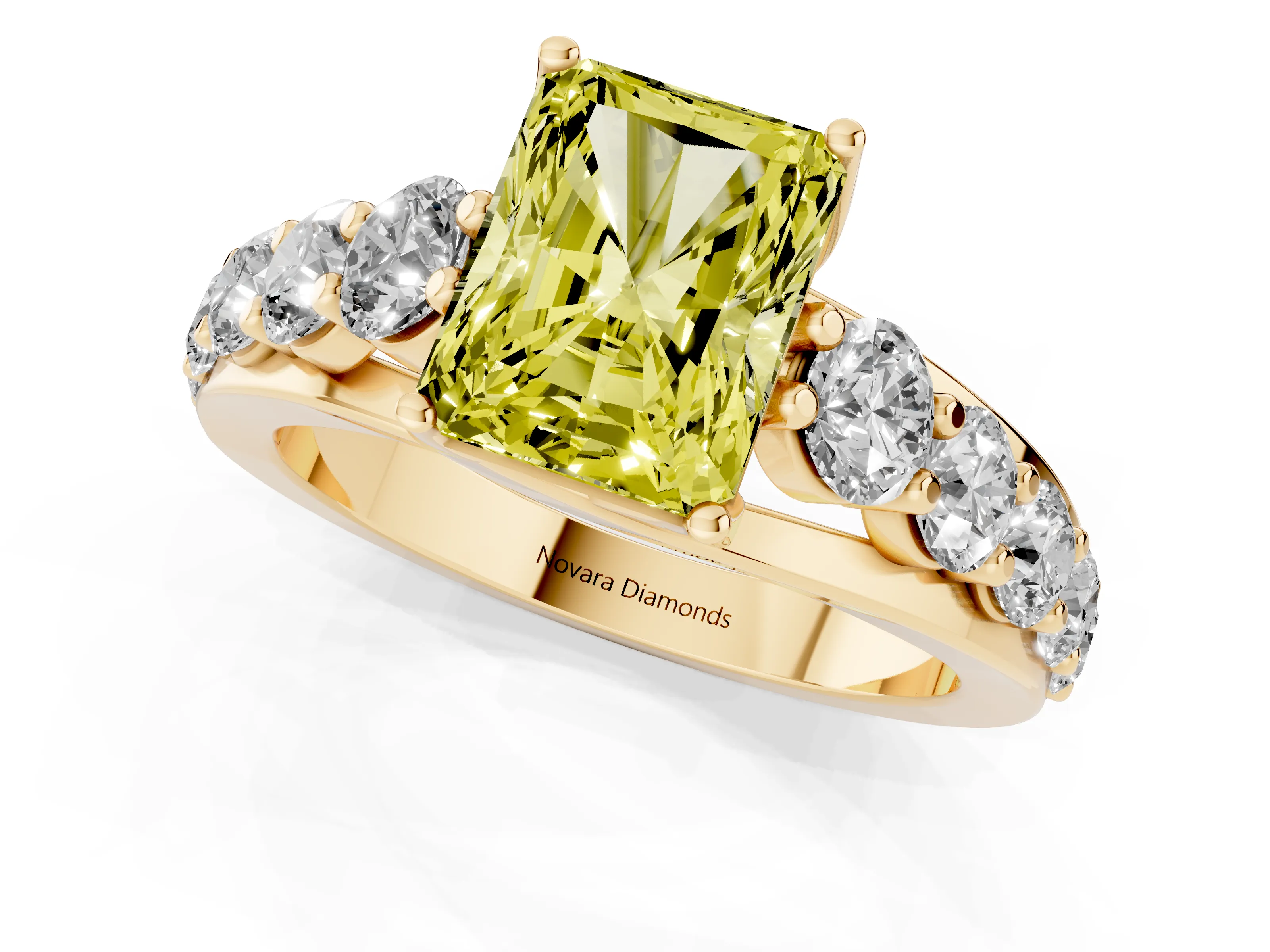 Fancy Yellow Radiant Cut Diamond Pavé Engagement Ring Set in Yellow gold with Prong Setting