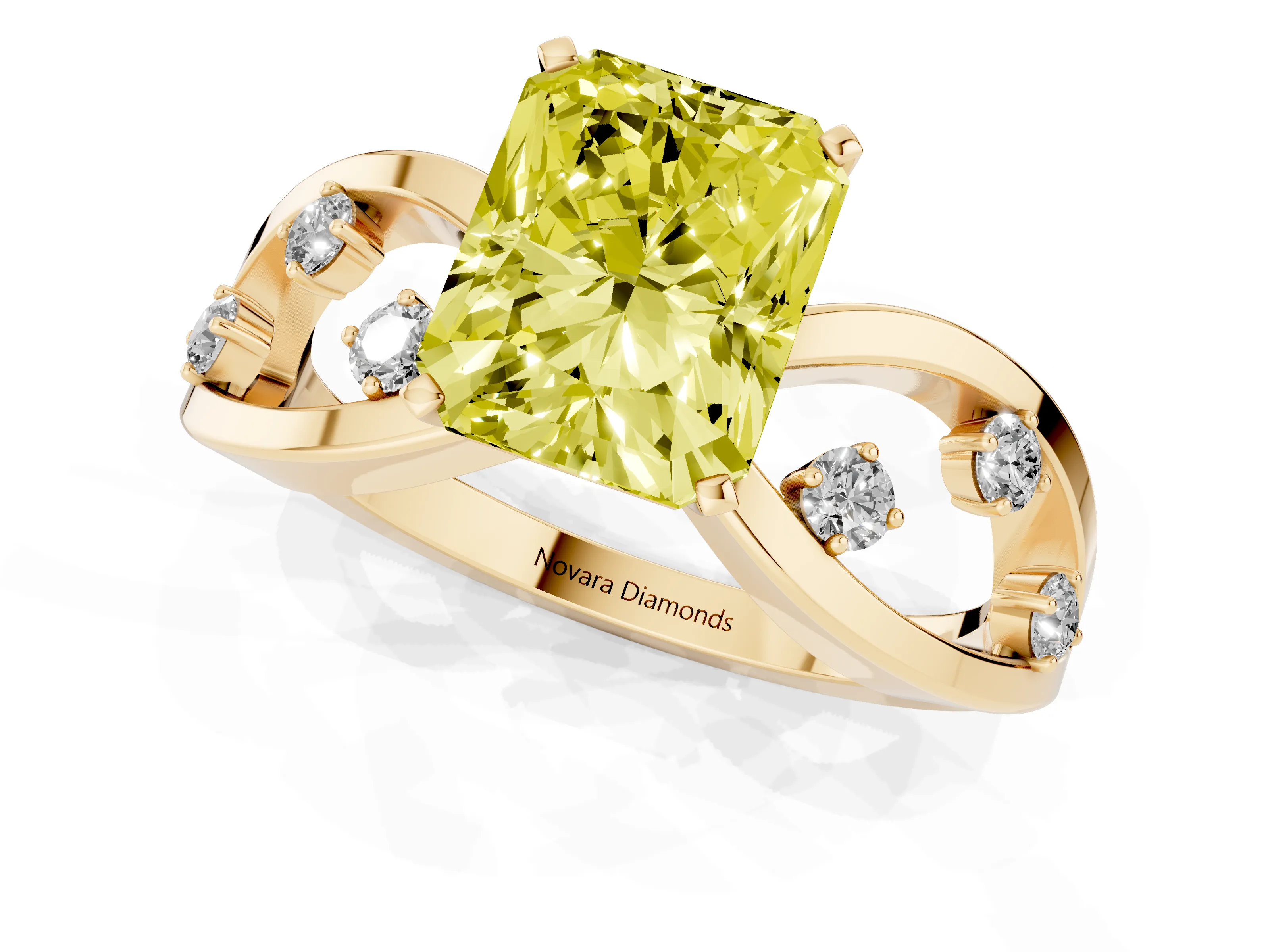 Fancy Yellow Radiant Cut Diamond Solitaire Ring Set in Yellow gold with Side Stones on Criss-Cross Band and Prong Setting