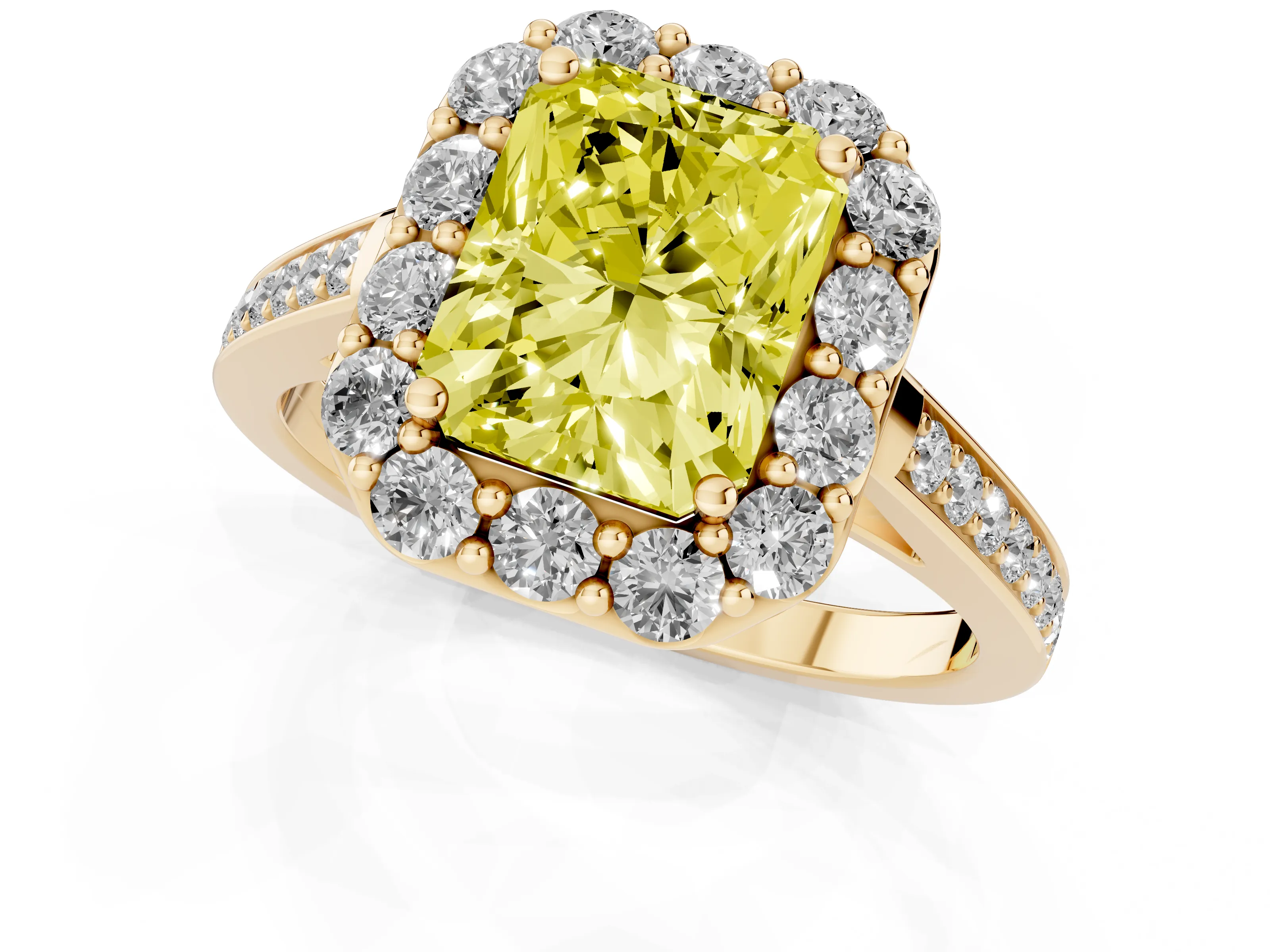 Fancy Yellow Radiant Cut Diamond Floral Halo Ring Set in Yellow gold with Pavé Band and Prong Setting