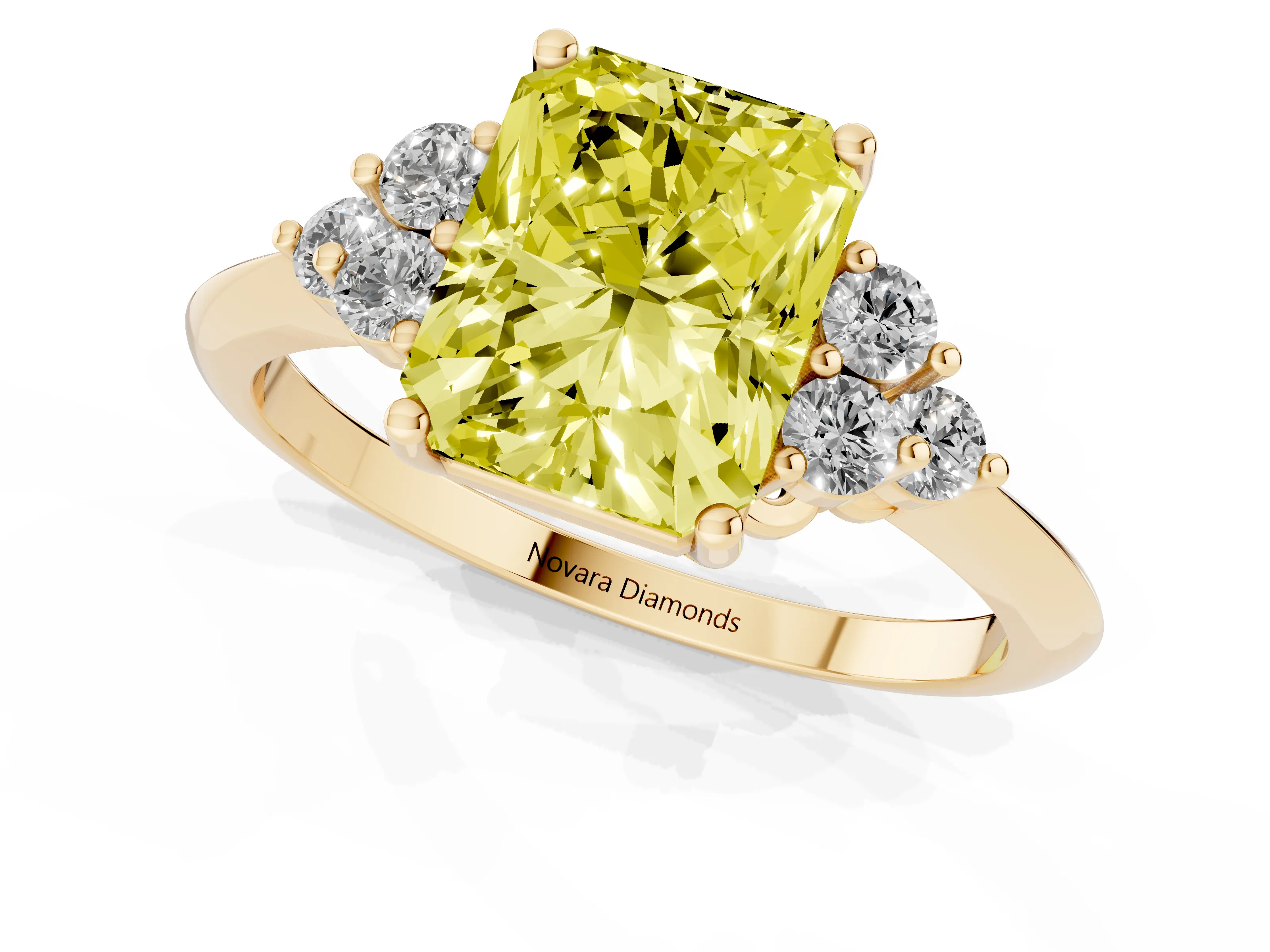 Fancy Yellow Radiant Cut Diamond Cluster Ring Set in Yellow gold with Plain Band and Prong Setting