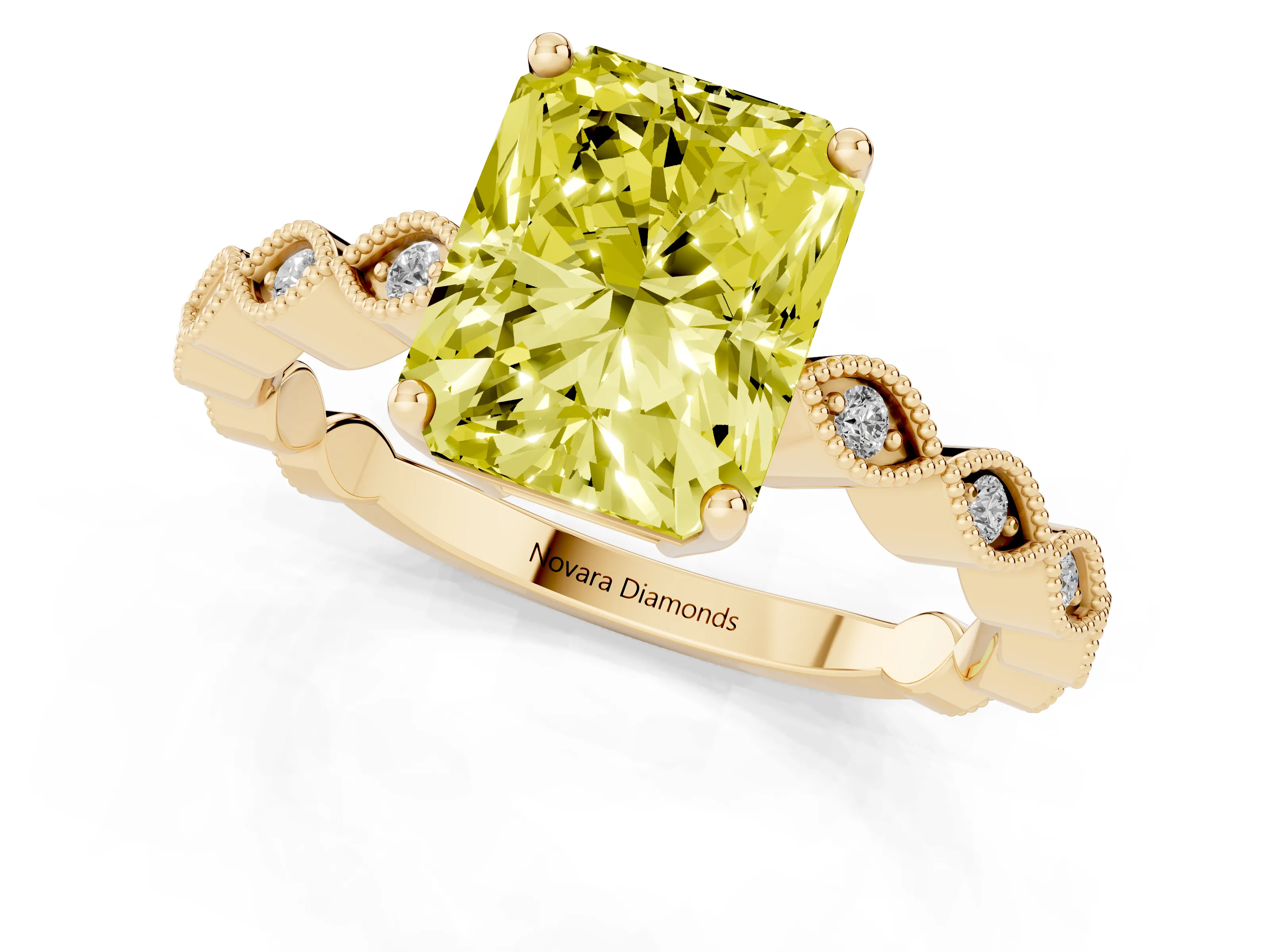Fancy Yellow Radiant Cut Diamond Solitaire Ring Set in Yellow gold with Infinity Twist Pavé Band
