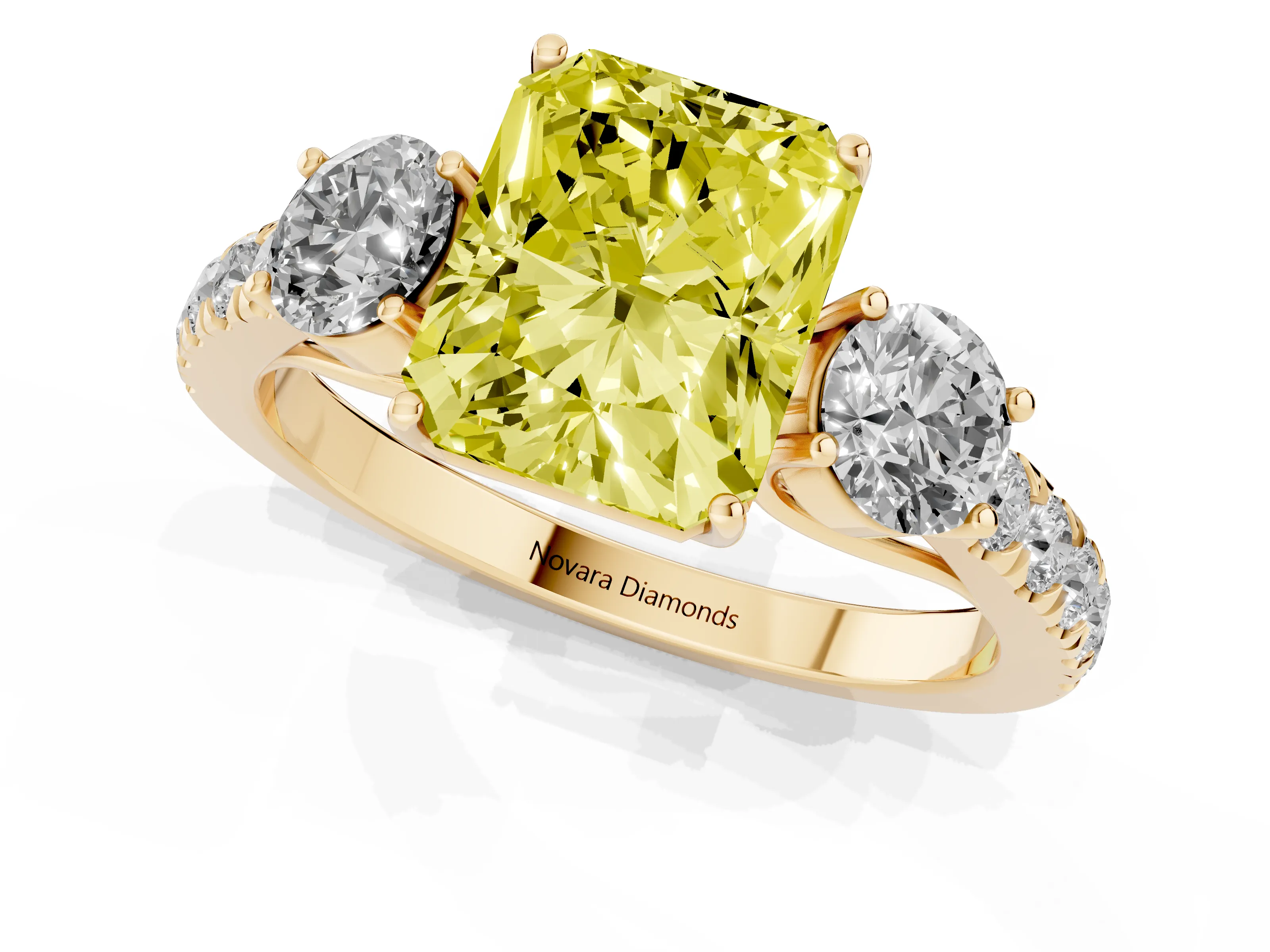 Fancy Yellow Radiant Cut Diamond Three-Stone Ring Set in Yellow gold with Round Side Stones and Delicate Pavé Band