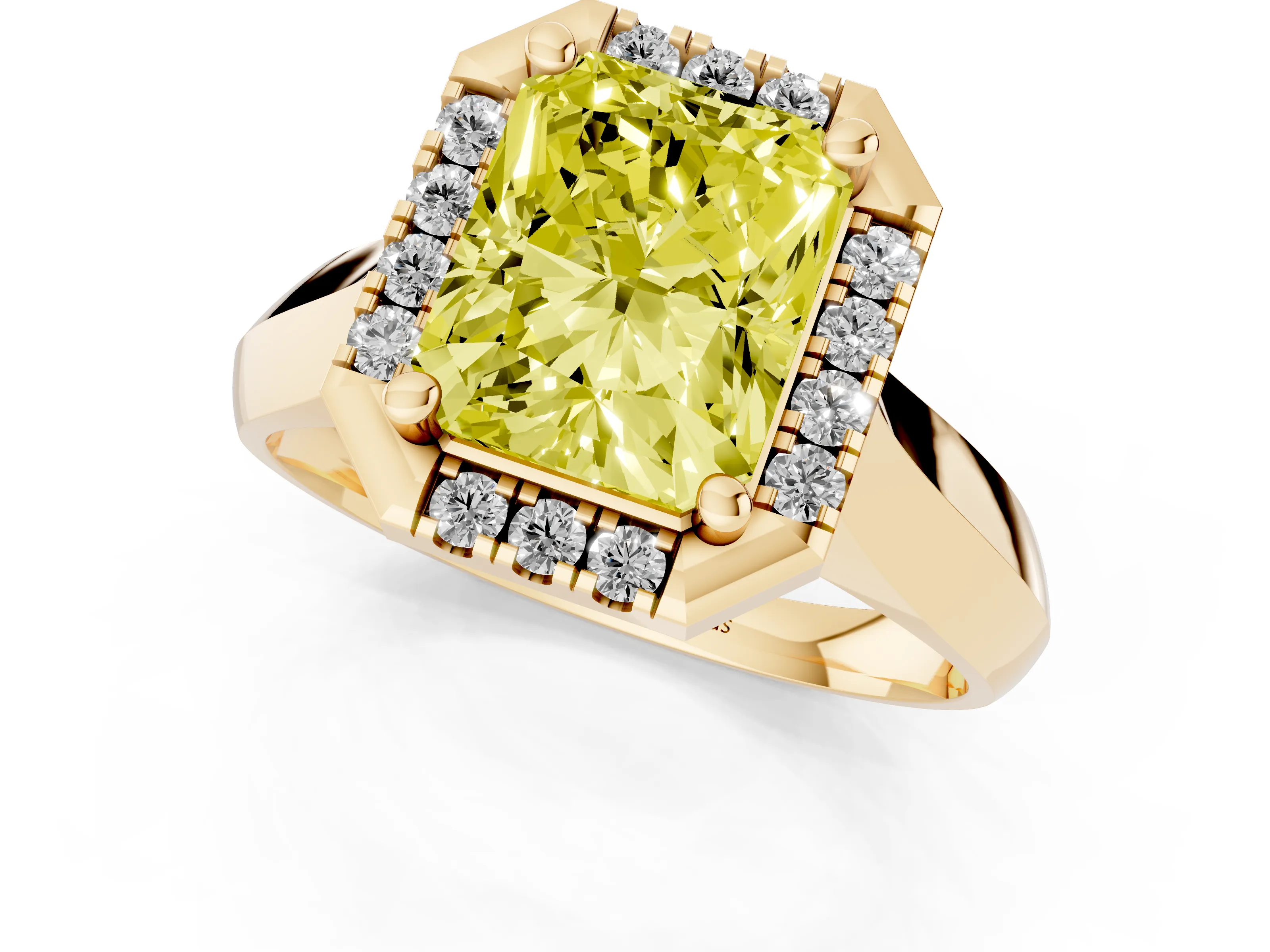 Fancy Yellow Radiant Cut Diamond Halo Solitaire Engagement Ring Set in Yellow gold with Square Band and Prong Setting
