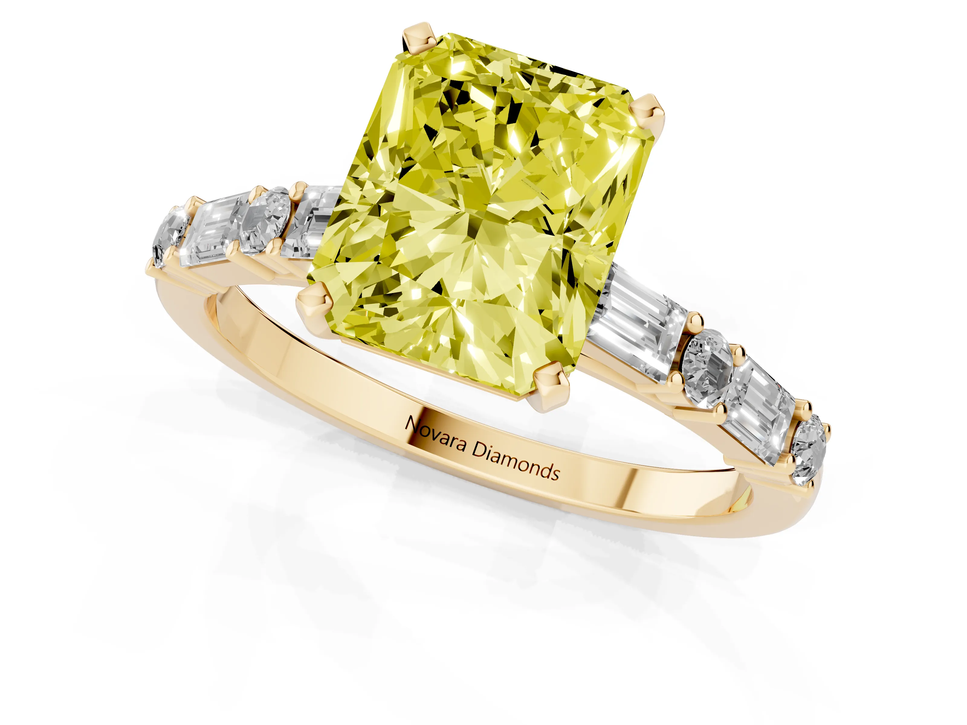 Fancy Yellow Radiant Cut Diamond Solitaire Set in Yellow gold with Side Baguettes and Channel Set Band