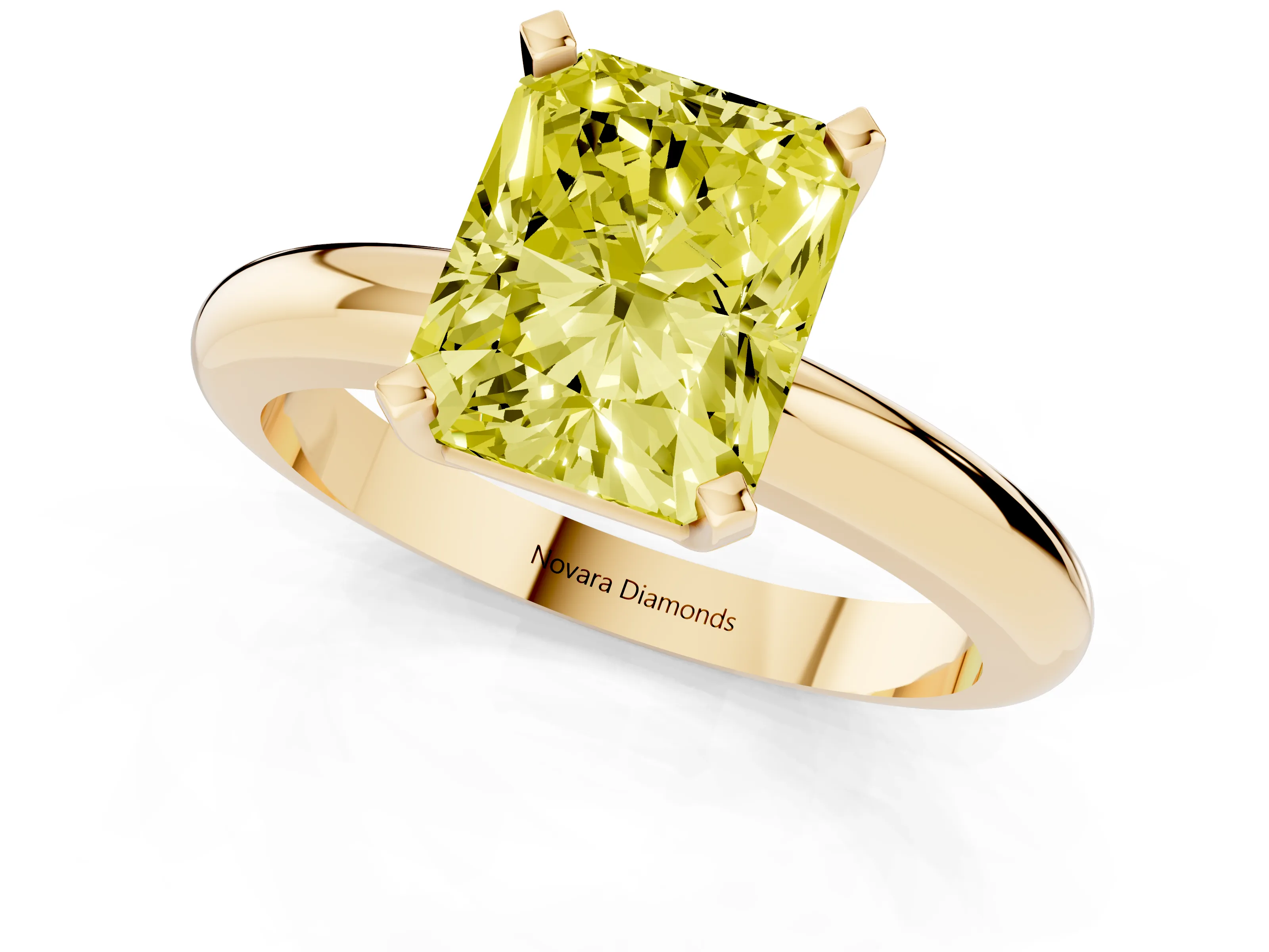 Fancy Yellow Radiant Cut Diamond Solitaire Engagement Ring Set in Yellow gold with Round Band and Prong Setting