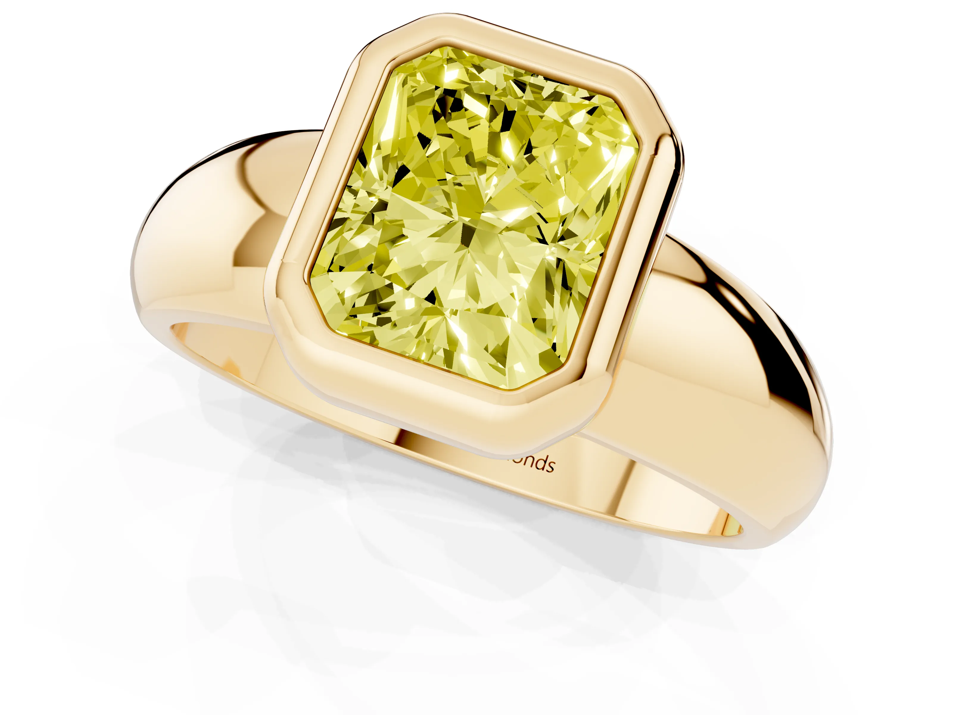 Fancy Yellow Bezel Set Radiant Cut Diamond Solitaire Ring Set in Yellow gold with Wide Band