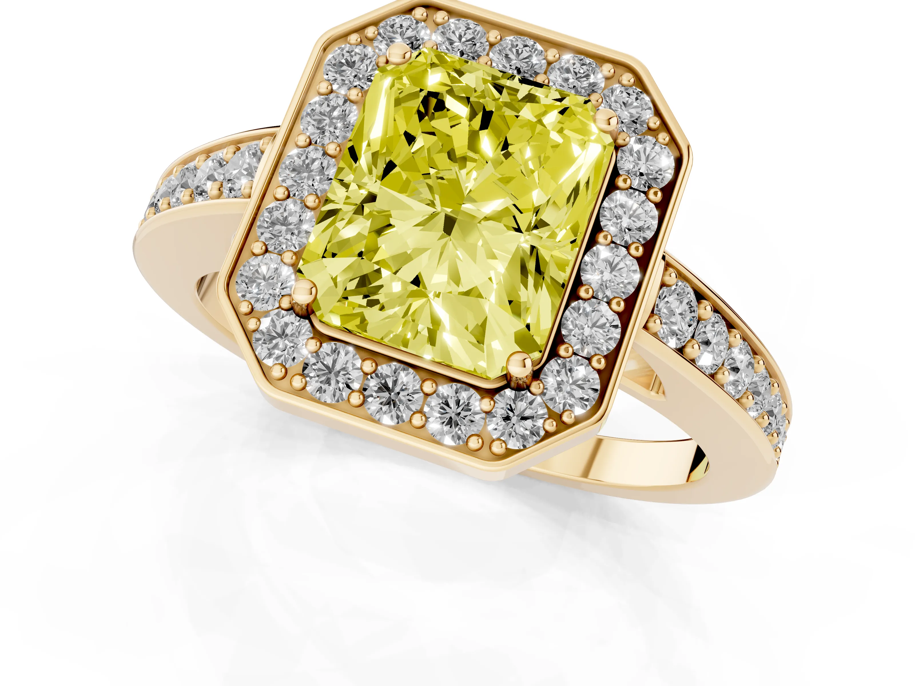 Fancy Yellow Radiant Cut Diamond Halo Pavé Engagement Ring Set in Yellow gold with Bezel Setting