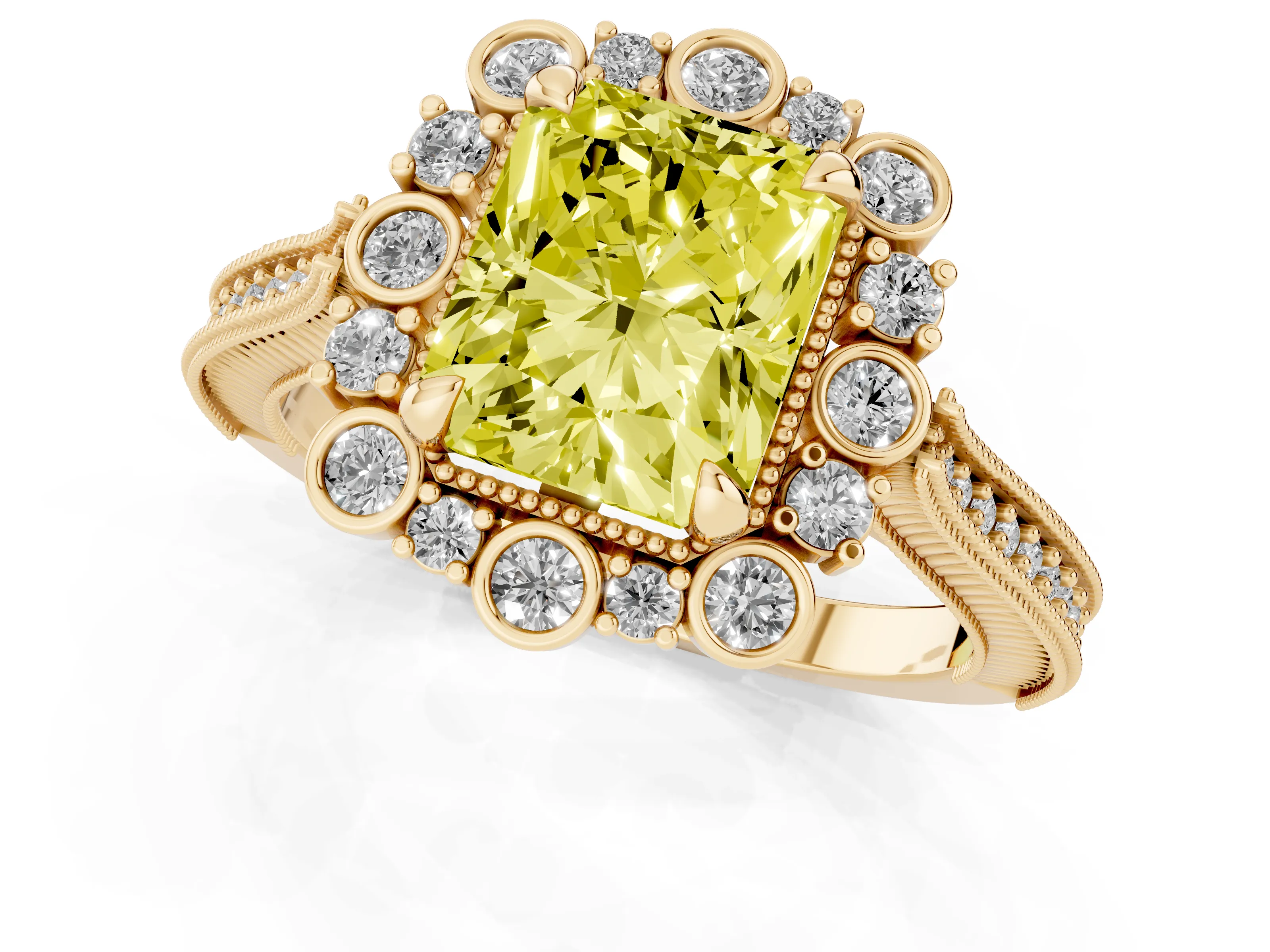 Fancy Yellow Radiant Cut Diamond Halo Milgrain Pavé Ring Set in Yellow gold with Prong Setting