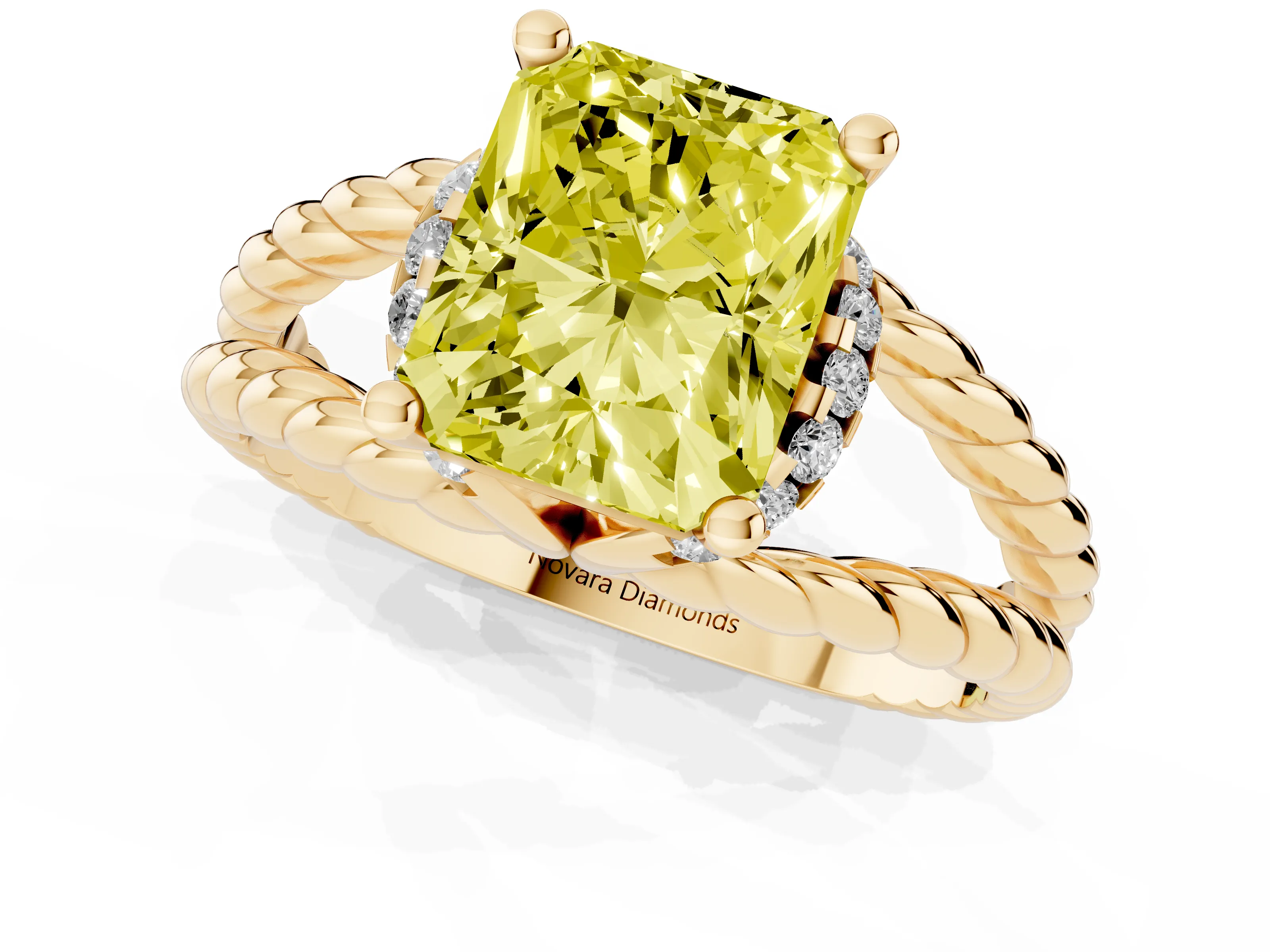 Fancy Yellow Radiant Cut Diamond Halo Ring Set in Yellow gold with Twisted Band and Prong Setting