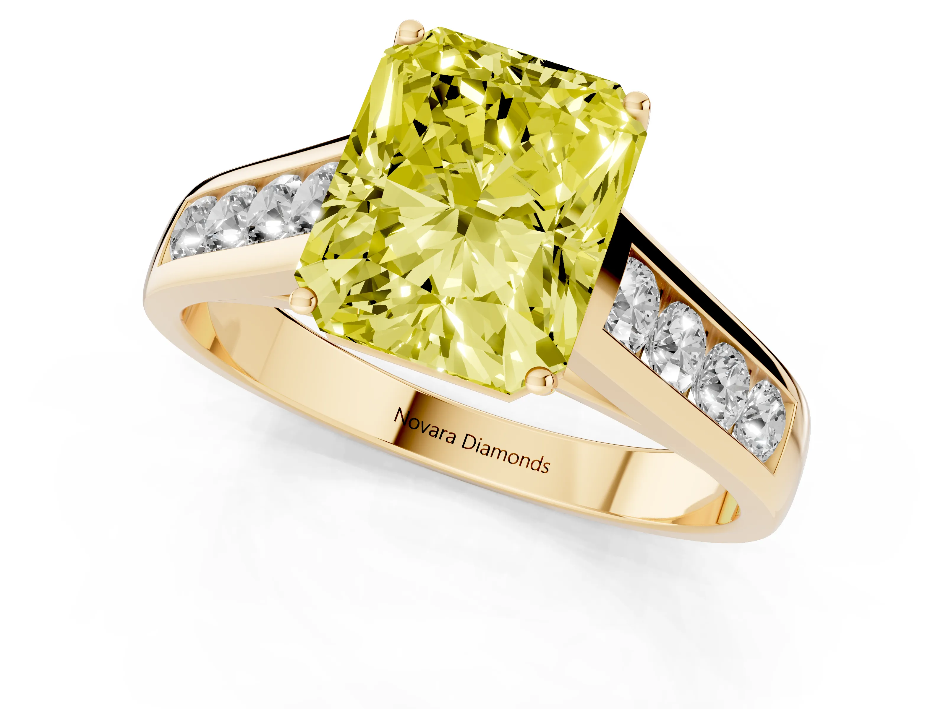 Fancy Yellow Radiant Cut Diamond Brilliant Channel-Set Solitaire Ring Set in Yellow gold with Prong Setting