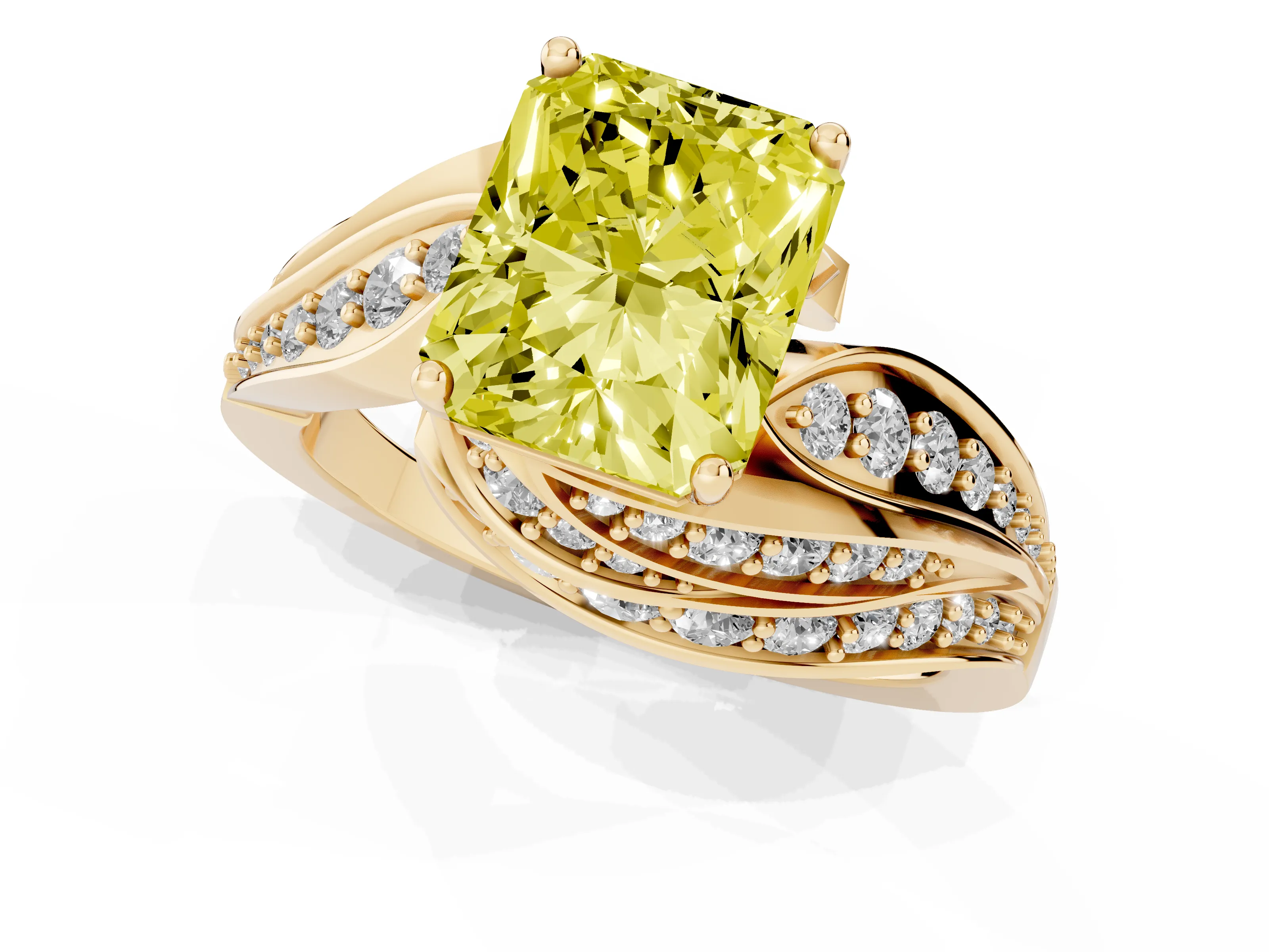 Fancy Yellow Radiant Cut Diamond Solitaire Ring Set in Yellow gold with Layered Twist Pavé Band