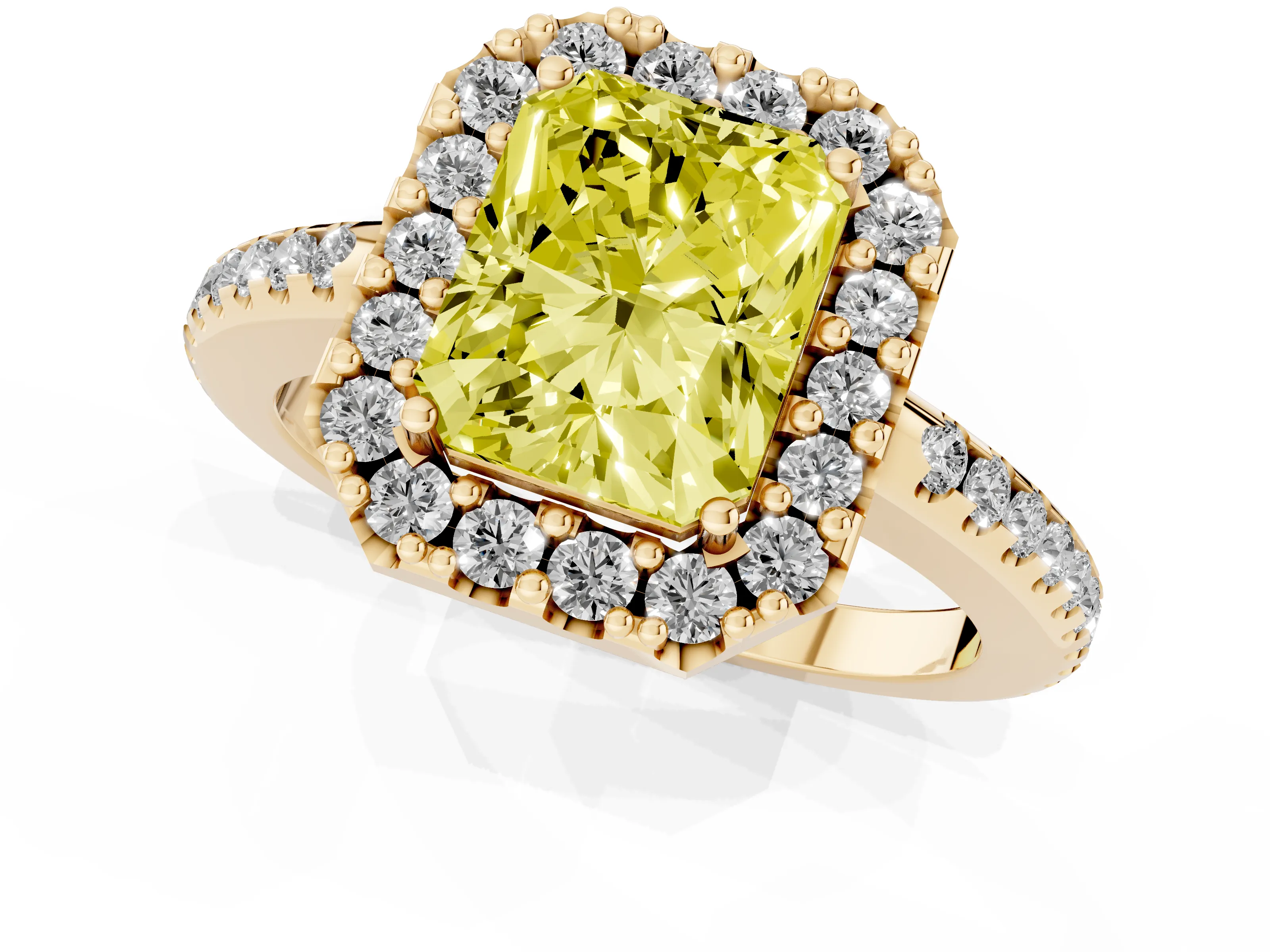 Fancy Yellow Radiant Cut Diamond Pavé Halo Ring Set in Yellow gold with Prong Setting